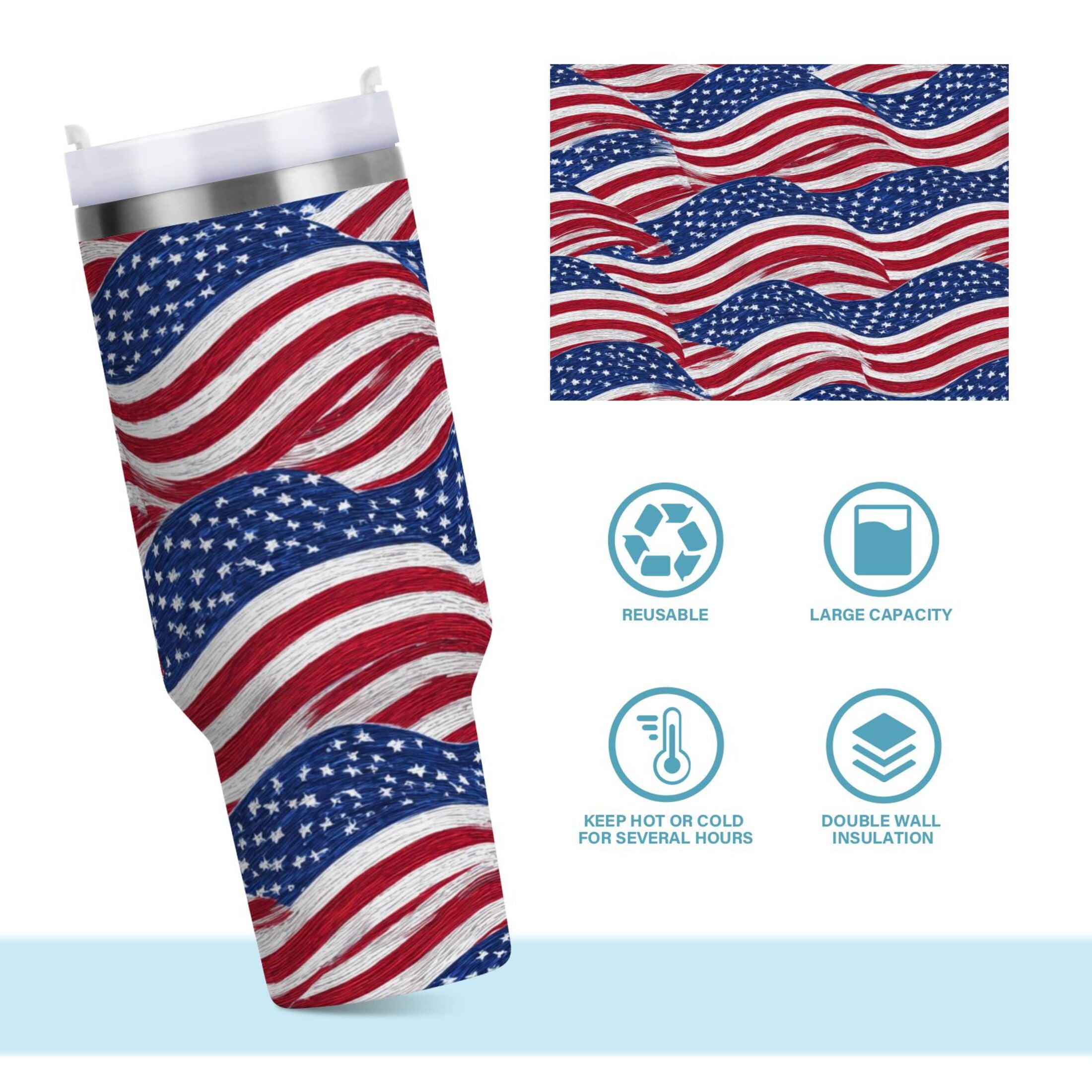 30 oz Insulated Stainless Steel Tumbler Double Wall Stainless Steel Tumbler with 2-Way Drinking Flags Wave Pattern - RD3V