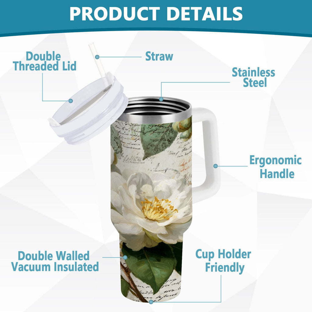 40 oz Insulated Stainless Steel Tumbler Double Wall Stainless Steel Tumbler with 2-Way Drinking Vintage White Camellias - Z4P8