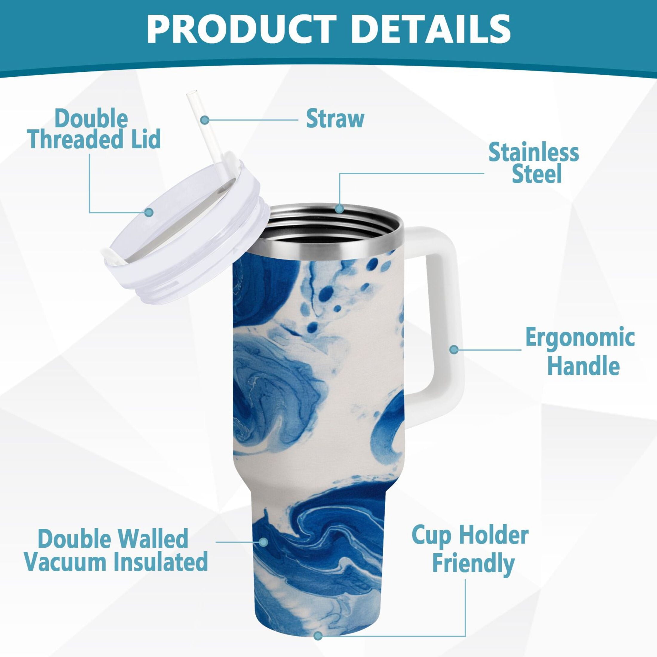 40 oz Insulated Stainless Steel Tumbler Double Wall Stainless Steel Tumbler with 2-Way Drinking Indigo Blue Tie-dye Pattern - NZVK
