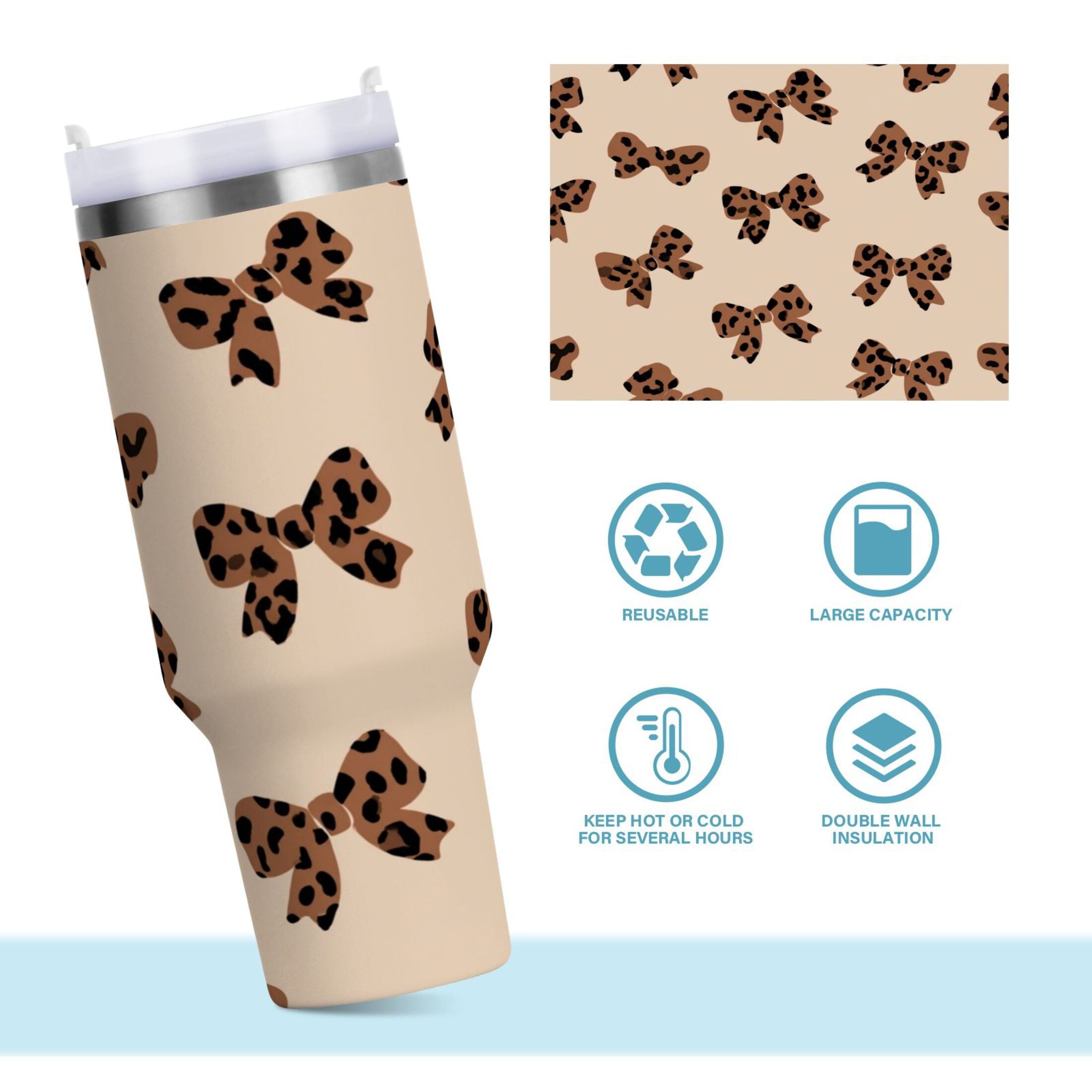 30 oz Insulated Stainless Steel Tumbler Double Wall Stainless Steel Tumbler with 2-Way Drinking Cute Brown Bow - NETE
