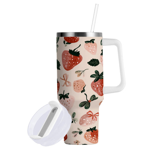 30 oz Insulated Stainless Steel Tumbler Double Wall Stainless Steel Tumbler with 2-Way Drinking Cute Pinks Strawberries - 3FLG