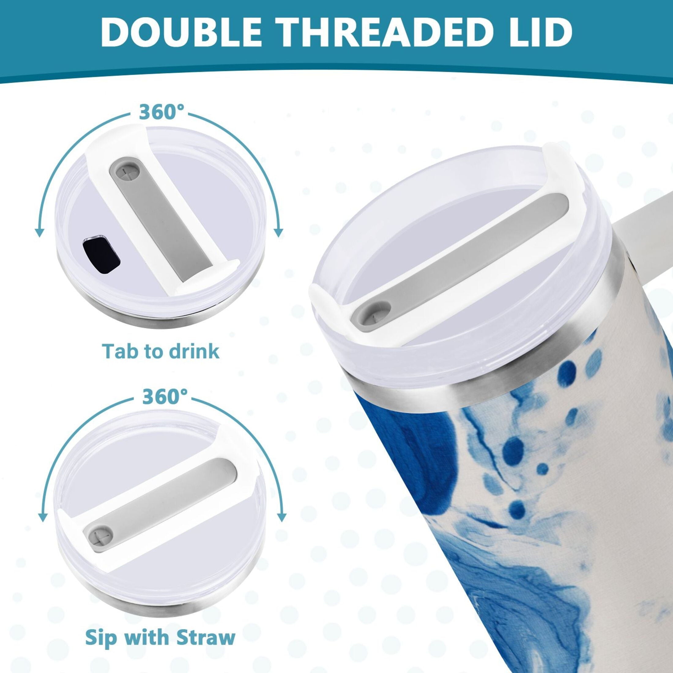 40 oz Insulated Stainless Steel Tumbler Double Wall Stainless Steel Tumbler with 2-Way Drinking Indigo Blue Tie-dye Pattern - NZVK