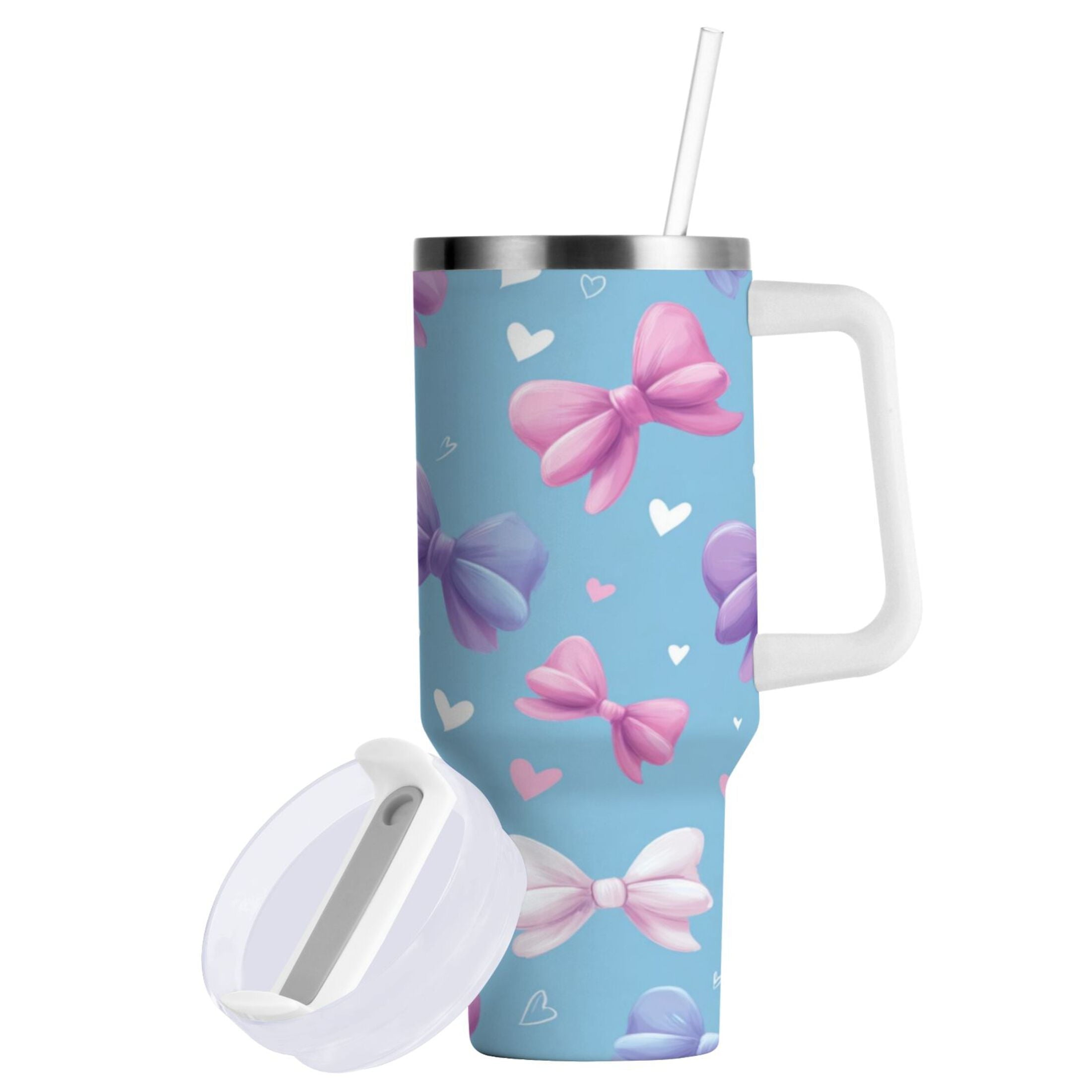 30 oz Insulated Stainless Steel Tumbler Double Wall Stainless Steel Tumbler with 2-Way Drinking Pink and Purple Bows - C8WV