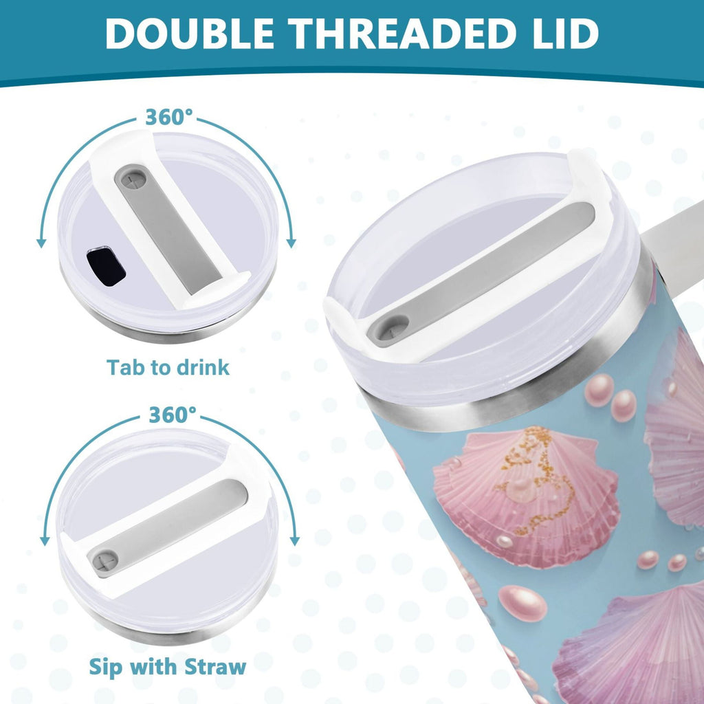 40 oz Insulated Stainless Steel Tumbler Double Wall Stainless Steel Tumbler with 2-Way Drinking Seashells and Pearls Pattern - 9BS2