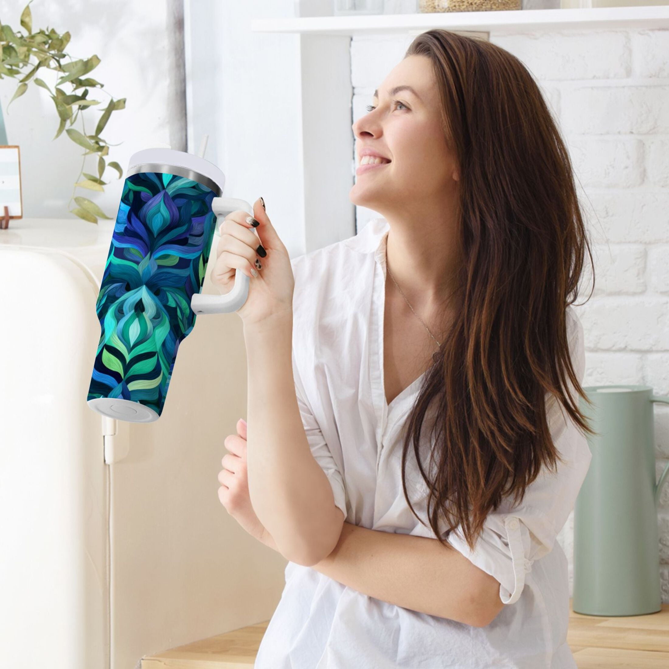 40 oz Insulated Stainless Steel Tumbler Double Wall Stainless Steel Tumbler with 2-Way Drinking Elegant Blue Abstract Shapes - 6YY7