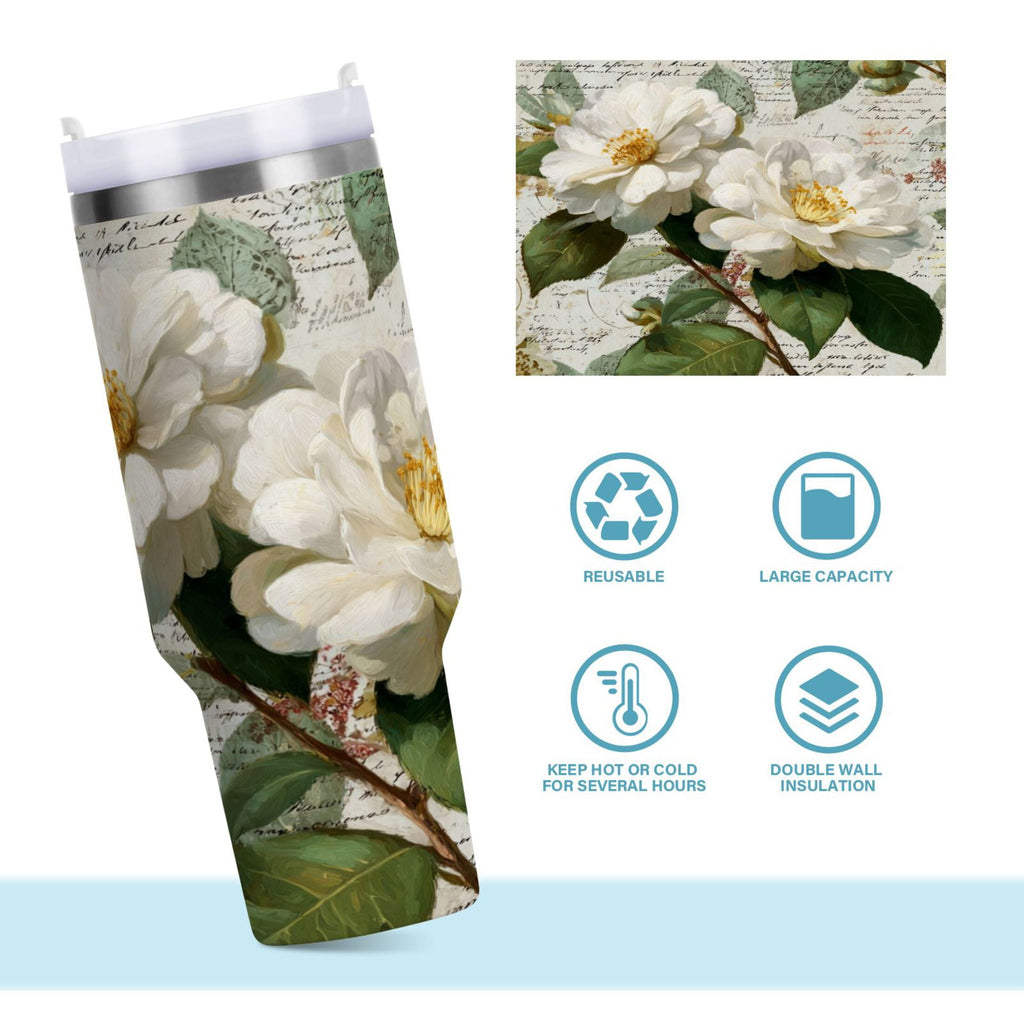 40 oz Insulated Stainless Steel Tumbler Double Wall Stainless Steel Tumbler with 2-Way Drinking Vintage White Camellias - Z4P8