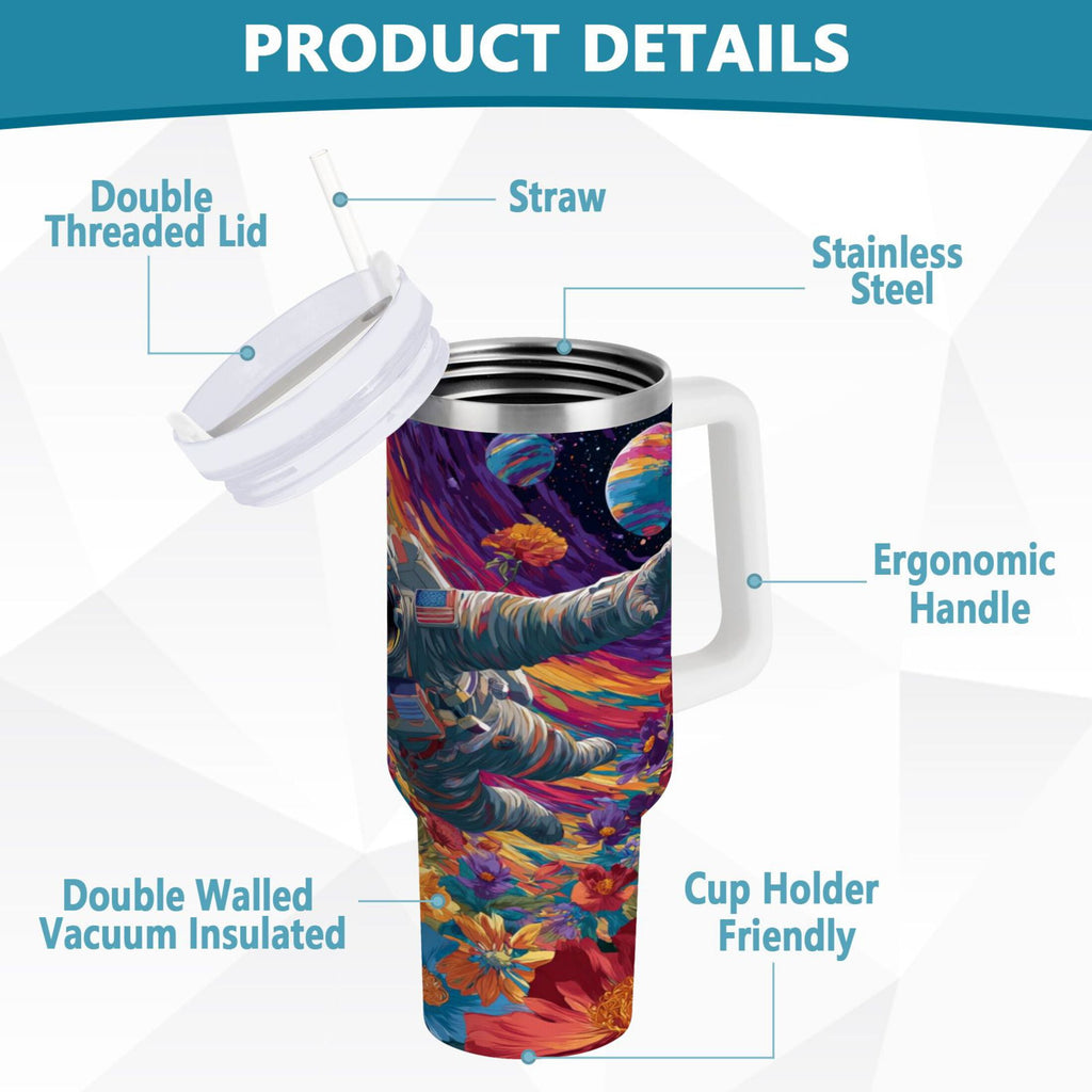 40 oz Insulated Stainless Steel Tumbler Double Wall Stainless Steel Tumbler with 2-Way Drinking Colorful Flowers and Planets - 35BZ