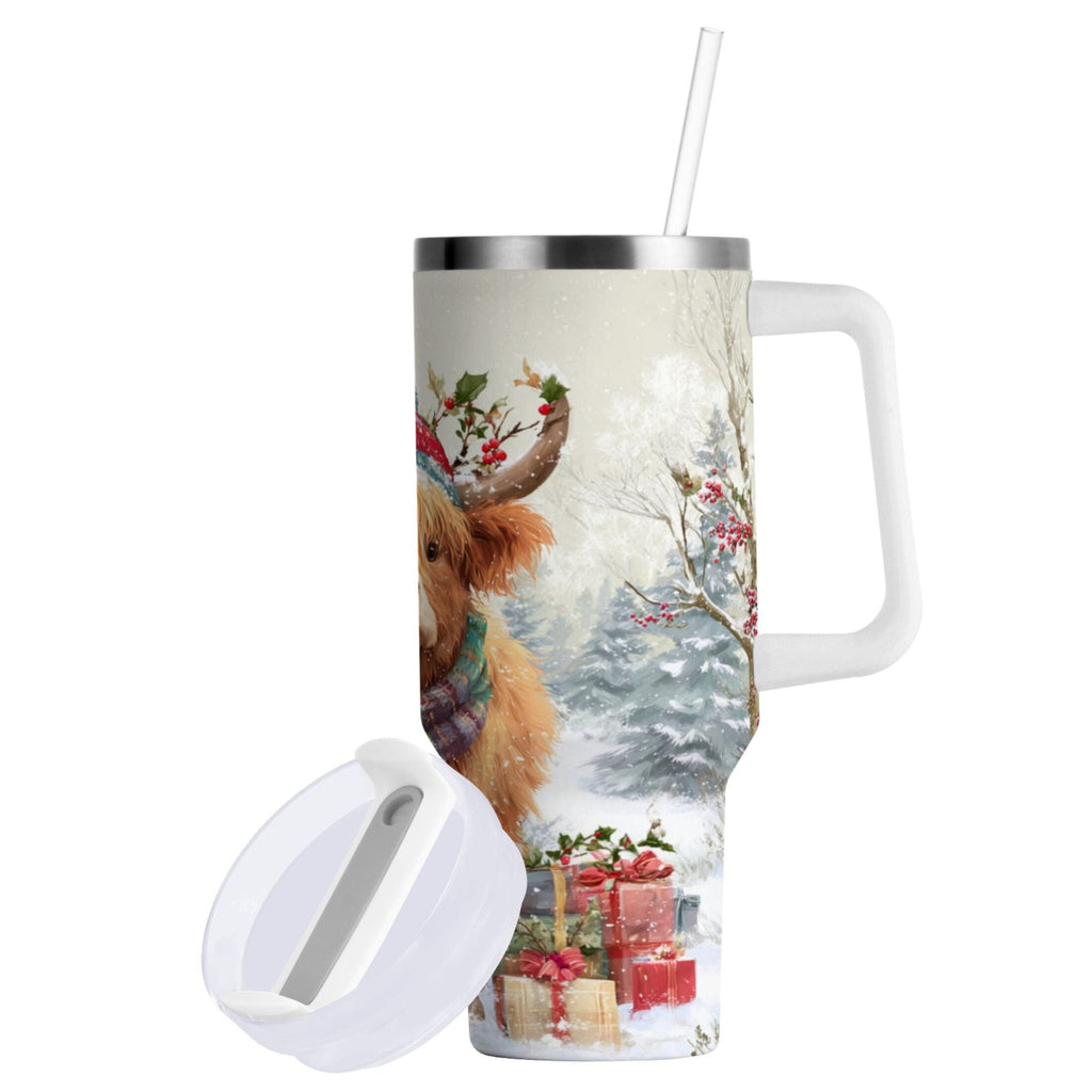 30 oz Insulated Stainless Steel Tumbler Double Wall Stainless Steel Tumbler with 2-Way Drinking Cow Wearing Christmas Hat - BCCC