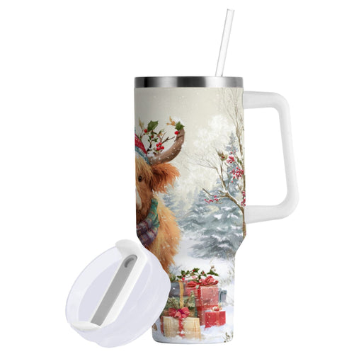 30 oz Insulated Stainless Steel Tumbler Double Wall Stainless Steel Tumbler with 2-Way Drinking Cow Wearing Christmas Hat - BCCC