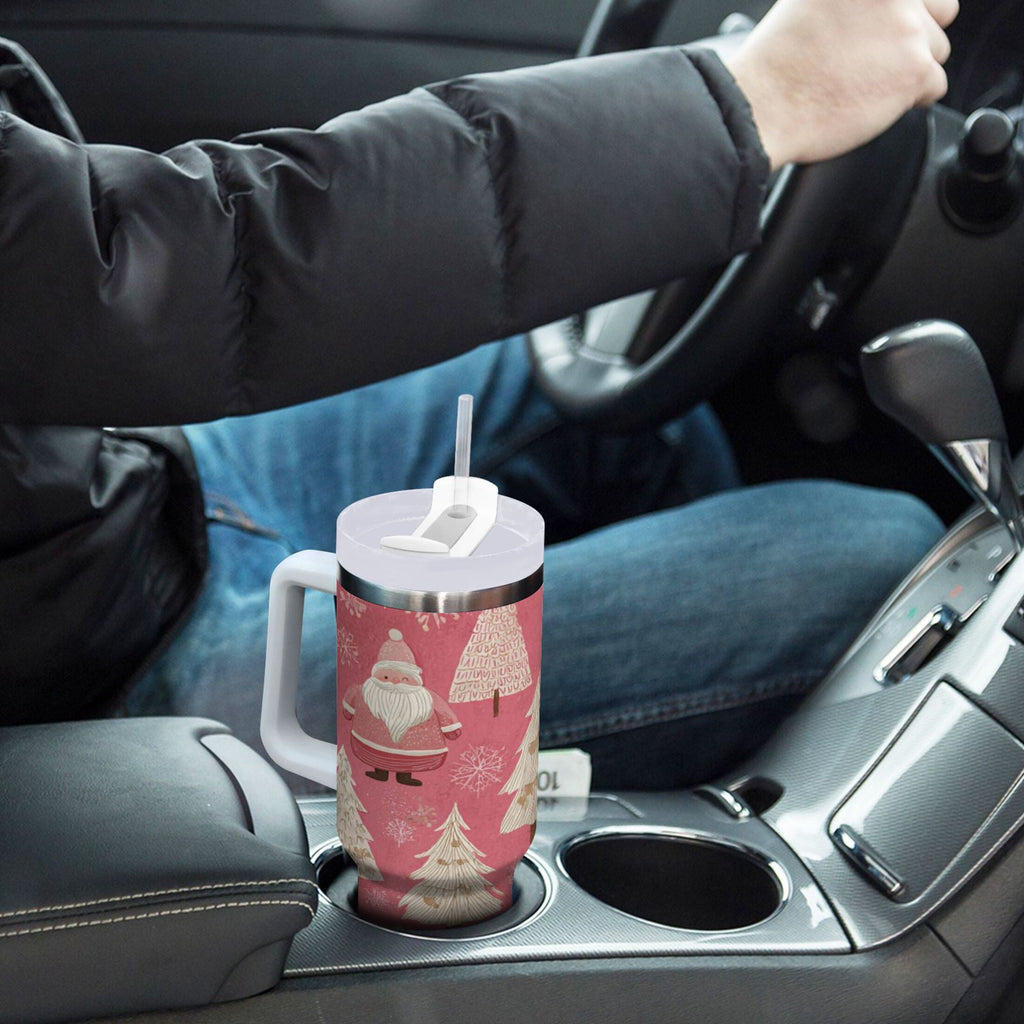 40 oz Insulated Stainless Steel Tumbler Double Wall Stainless Steel Tumbler with 2-Way Drinking Pink Santa Claus Pattern - XK26