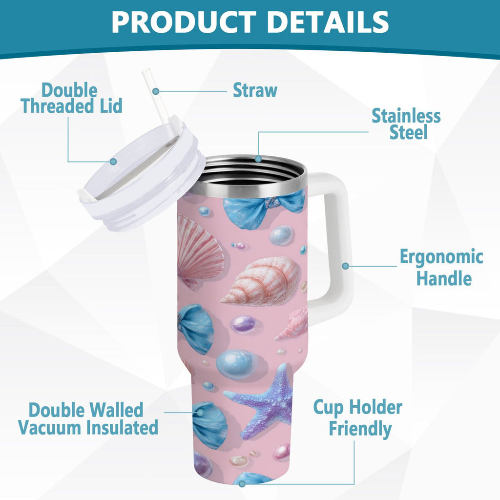 30 oz Insulated Stainless Steel Tumbler Double Wall Stainless Steel Tumbler with 2-Way Drinking Seashells and Bows - 2C72