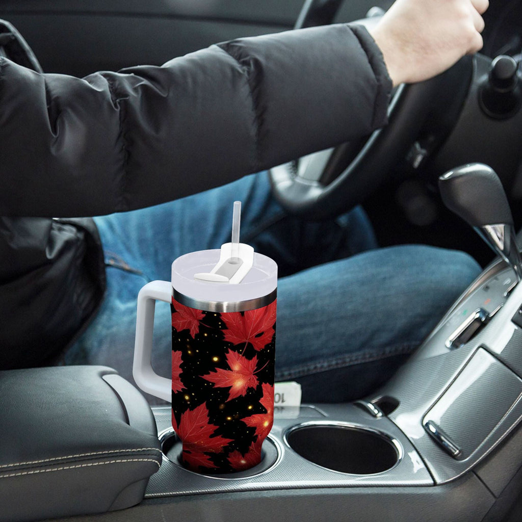 40 oz Insulated Stainless Steel Tumbler Double Wall Stainless Steel Tumbler with 2-Way Drinking Maple Leaves and Fireflies - 36E9