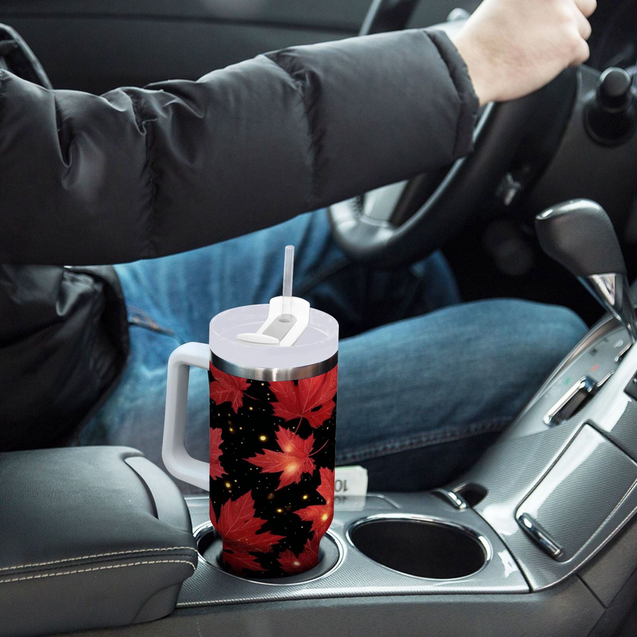 40 oz Insulated Stainless Steel Tumbler Double Wall Stainless Steel Tumbler with 2-Way Drinking Maple Leaves and Fireflies - 36E9