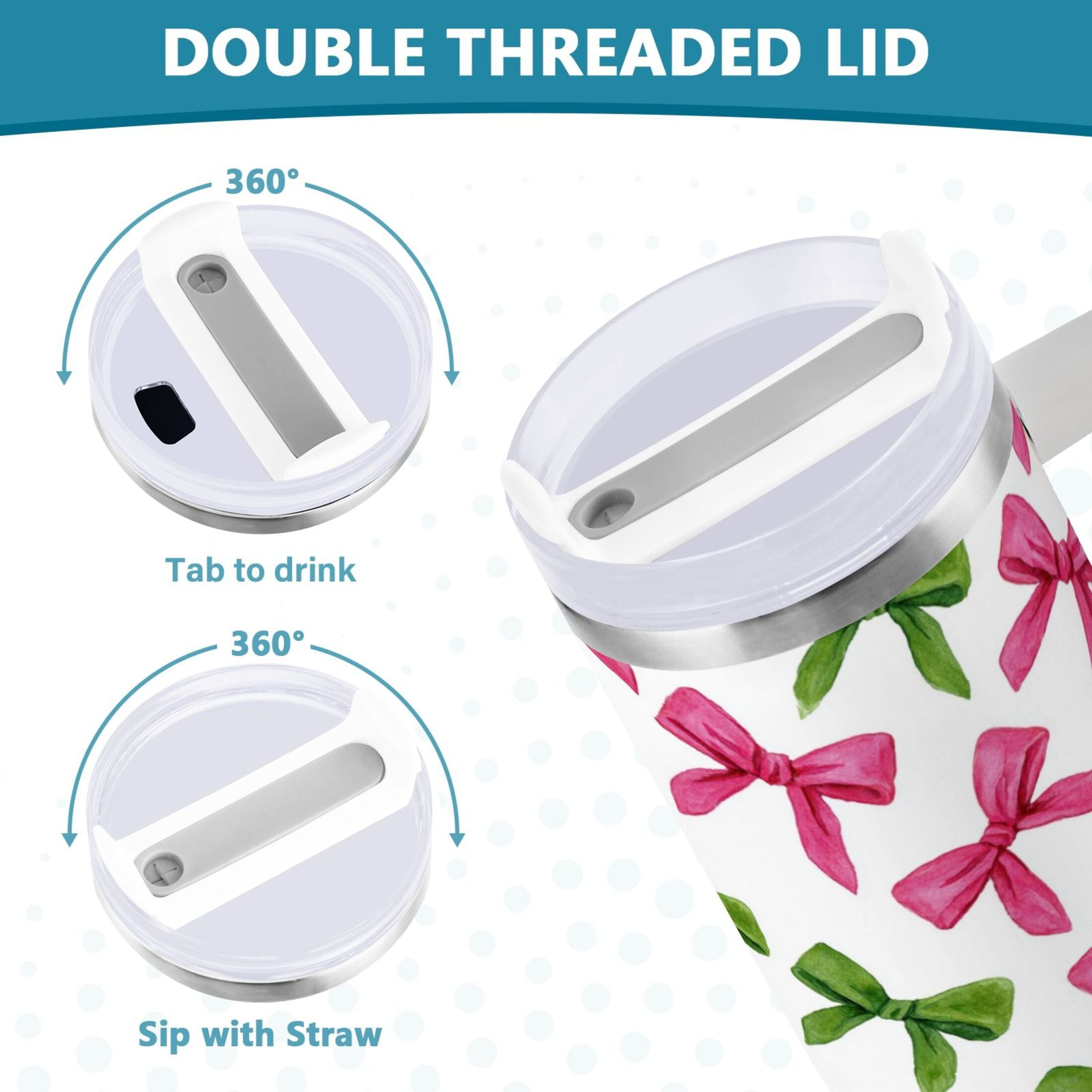 30 oz Insulated Stainless Steel Tumbler Double Wall Stainless Steel Tumbler with 2-Way Drinking Pink Bows and Green Ribbons - SUSJ