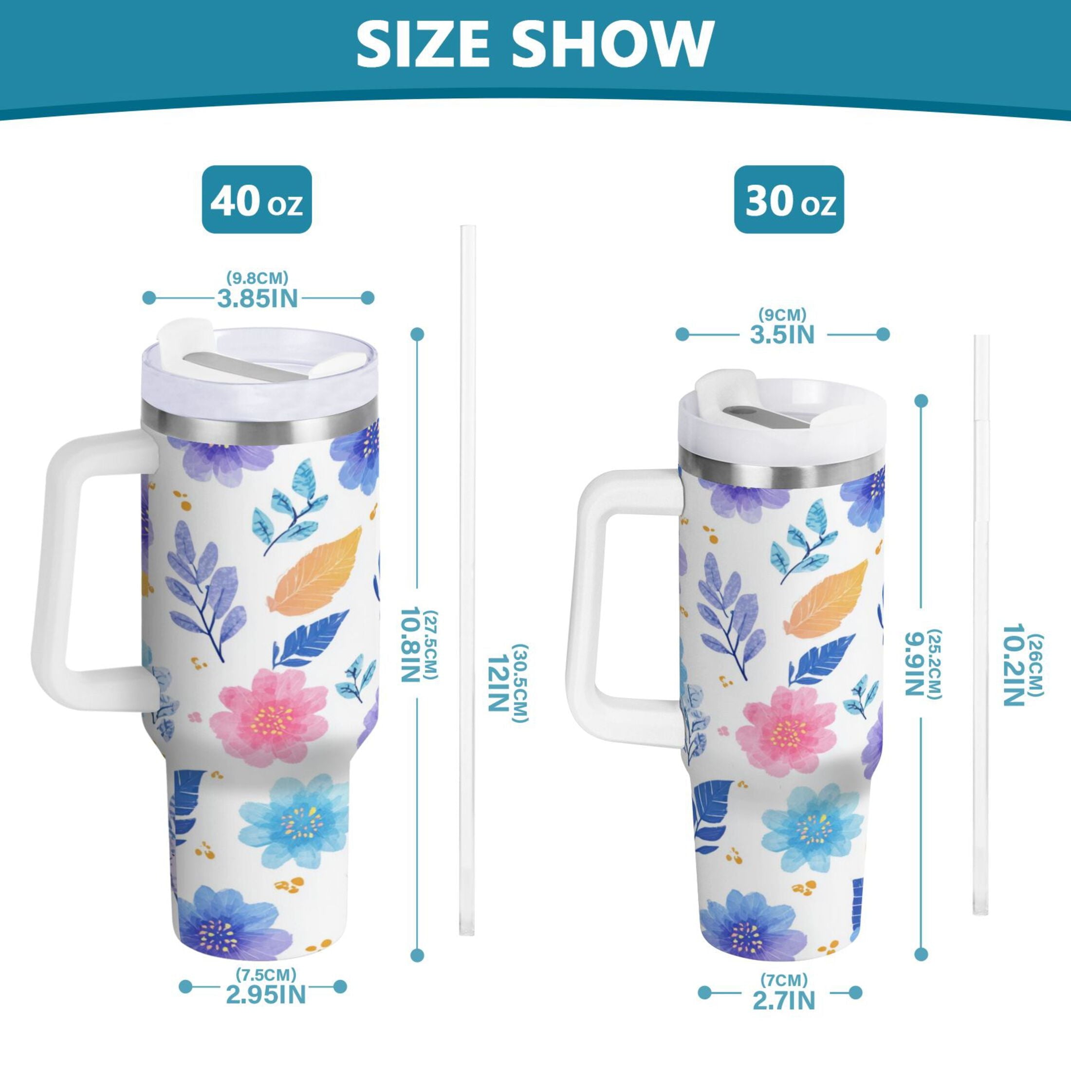 30 oz Insulated Stainless Steel Tumbler Double Wall Stainless Steel Tumbler with 2-Way Drinking Blue and Purple Flowers - 88C4