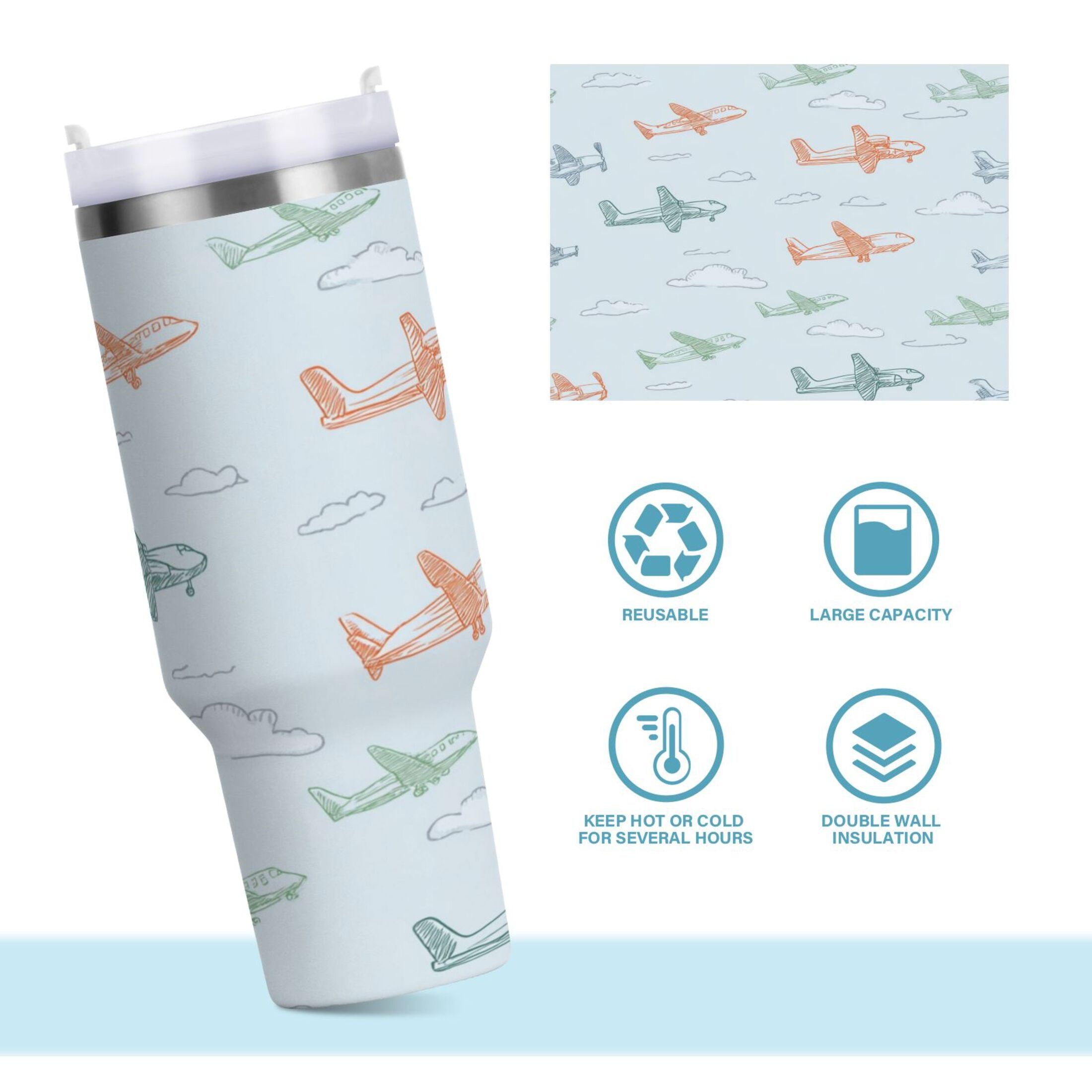 30 oz Insulated Stainless Steel Tumbler Double Wall Stainless Steel Tumbler with 2-Way Drinking Pastel Doodle Airplanes - 2D6W