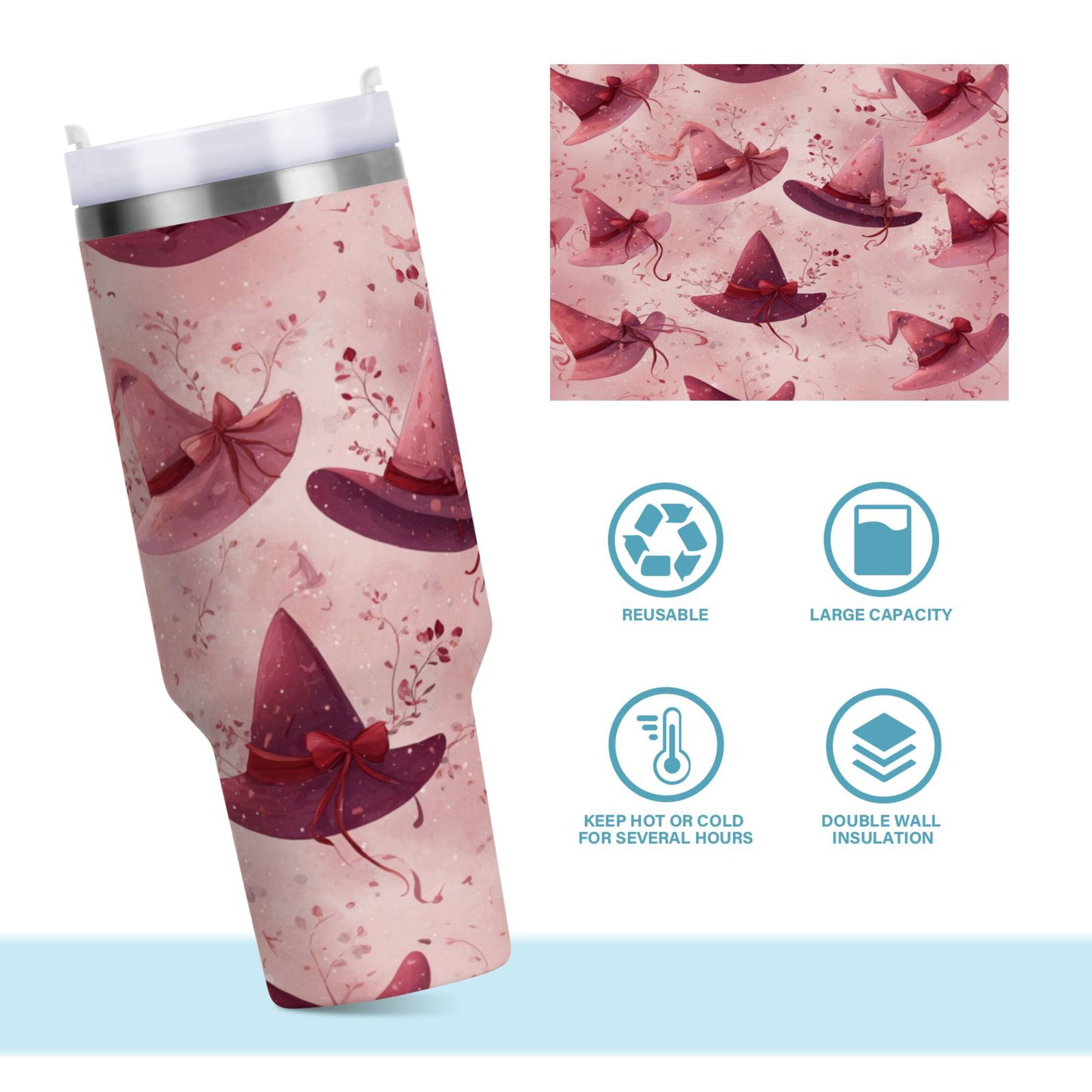 30 oz Insulated Stainless Steel Tumbler Double Wall Stainless Steel Tumbler with 2-Way Drinking Hats with Delicate Bows - 4CKV