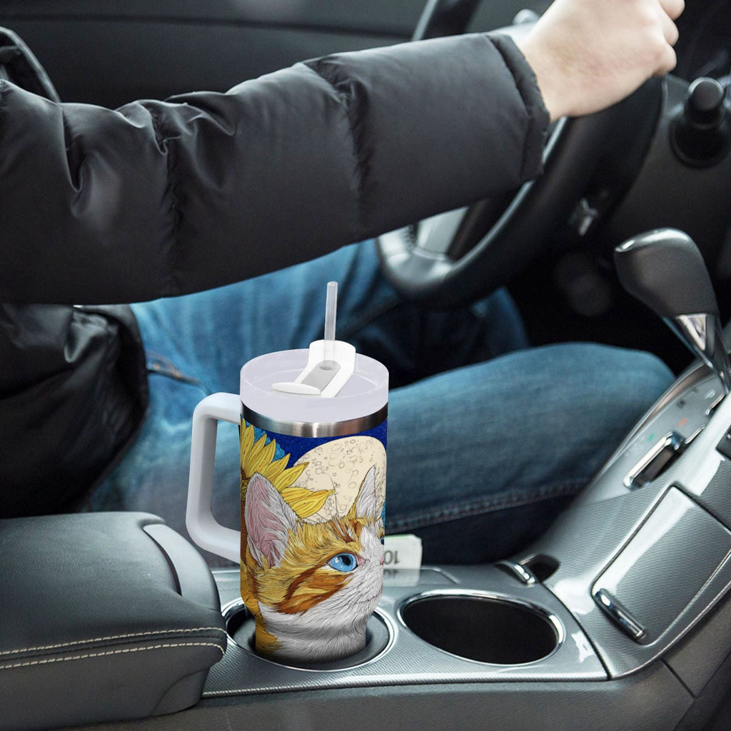 40 oz Insulated Stainless Steel Tumbler Double Wall Stainless Steel Tumbler with 2-Way Drinking Cat Lies in The Sunflowers - NLZK