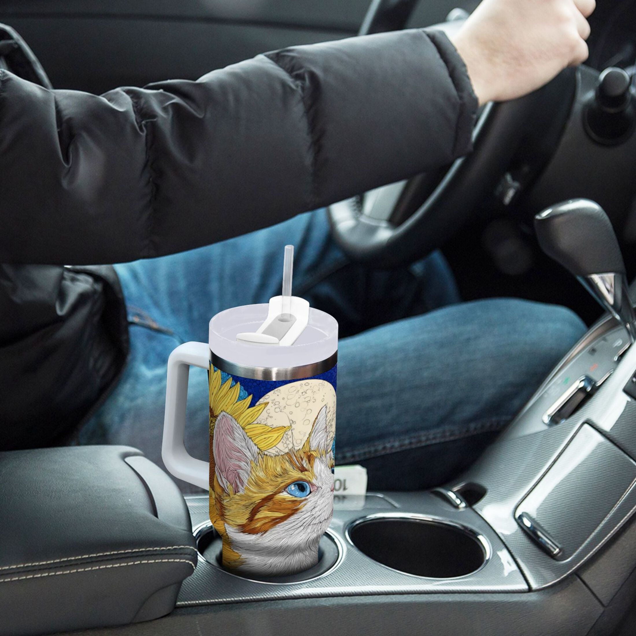 40 oz Insulated Stainless Steel Tumbler Double Wall Stainless Steel Tumbler with 2-Way Drinking Cat Lies in The Sunflowers - NLZK