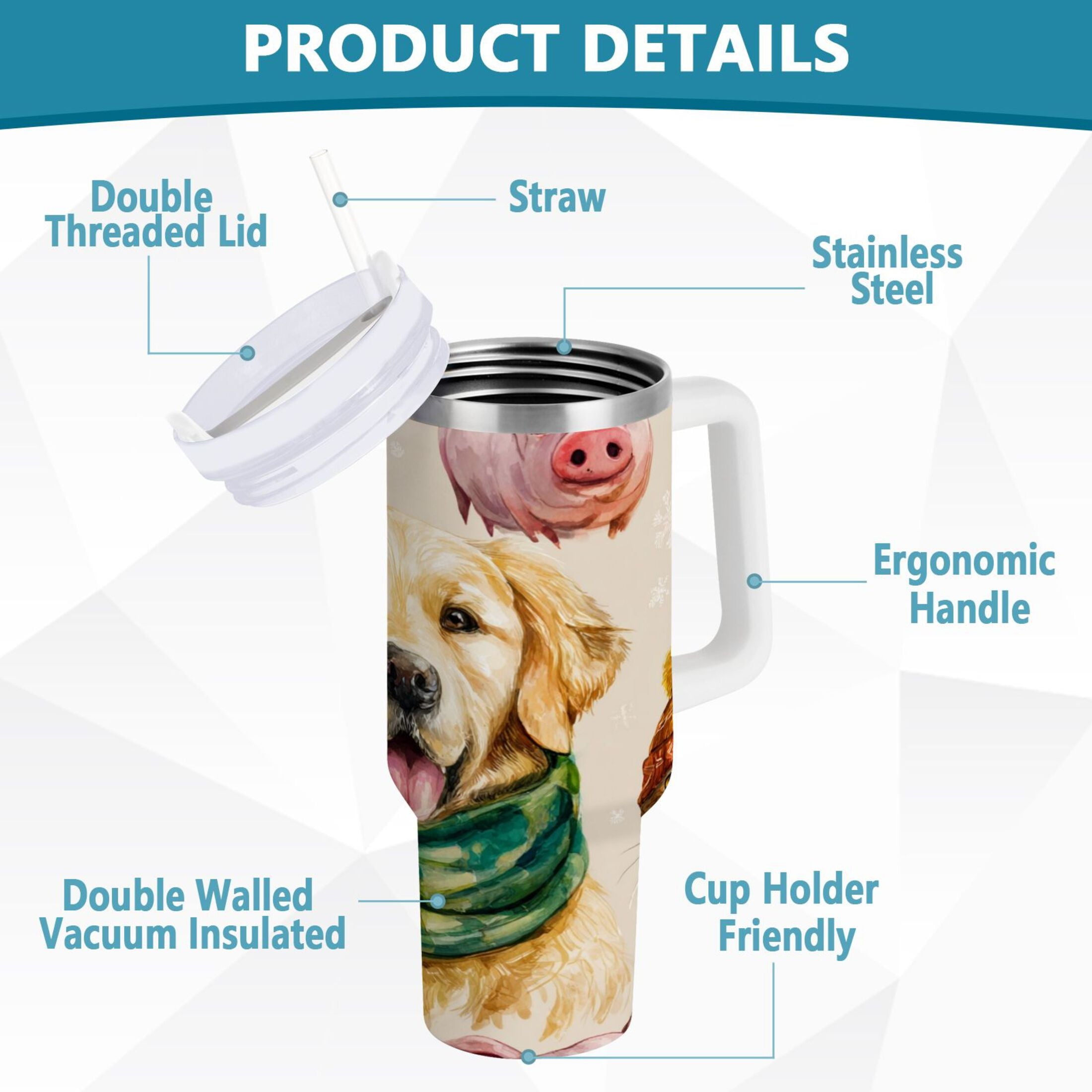30 oz Insulated Stainless Steel Tumbler Double Wall Stainless Steel Tumbler with 2-Way Drinking Watercolor Animals Pattern - CWCQ