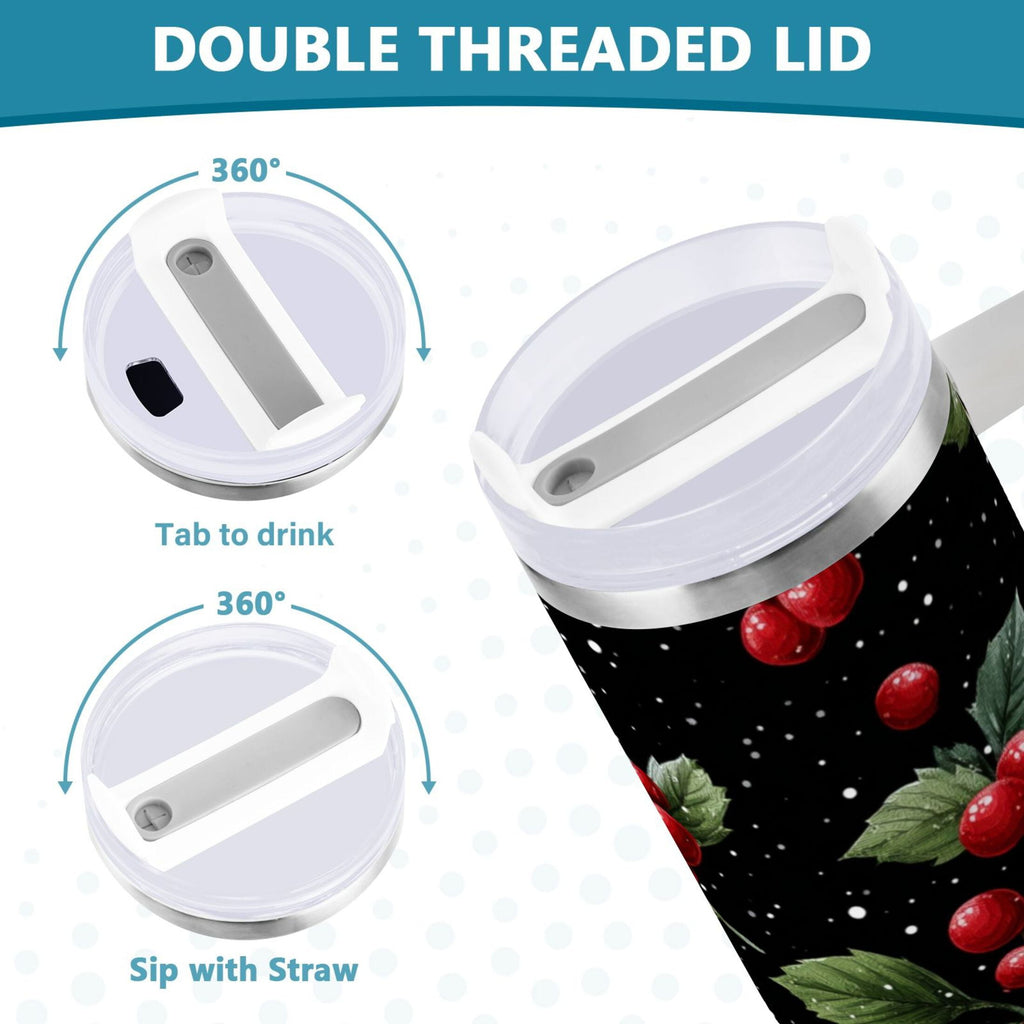 40 oz Insulated Stainless Steel Tumbler Double Wall Stainless Steel Tumbler with 2-Way Drinking Red Holly Berries Pattern - HSVE