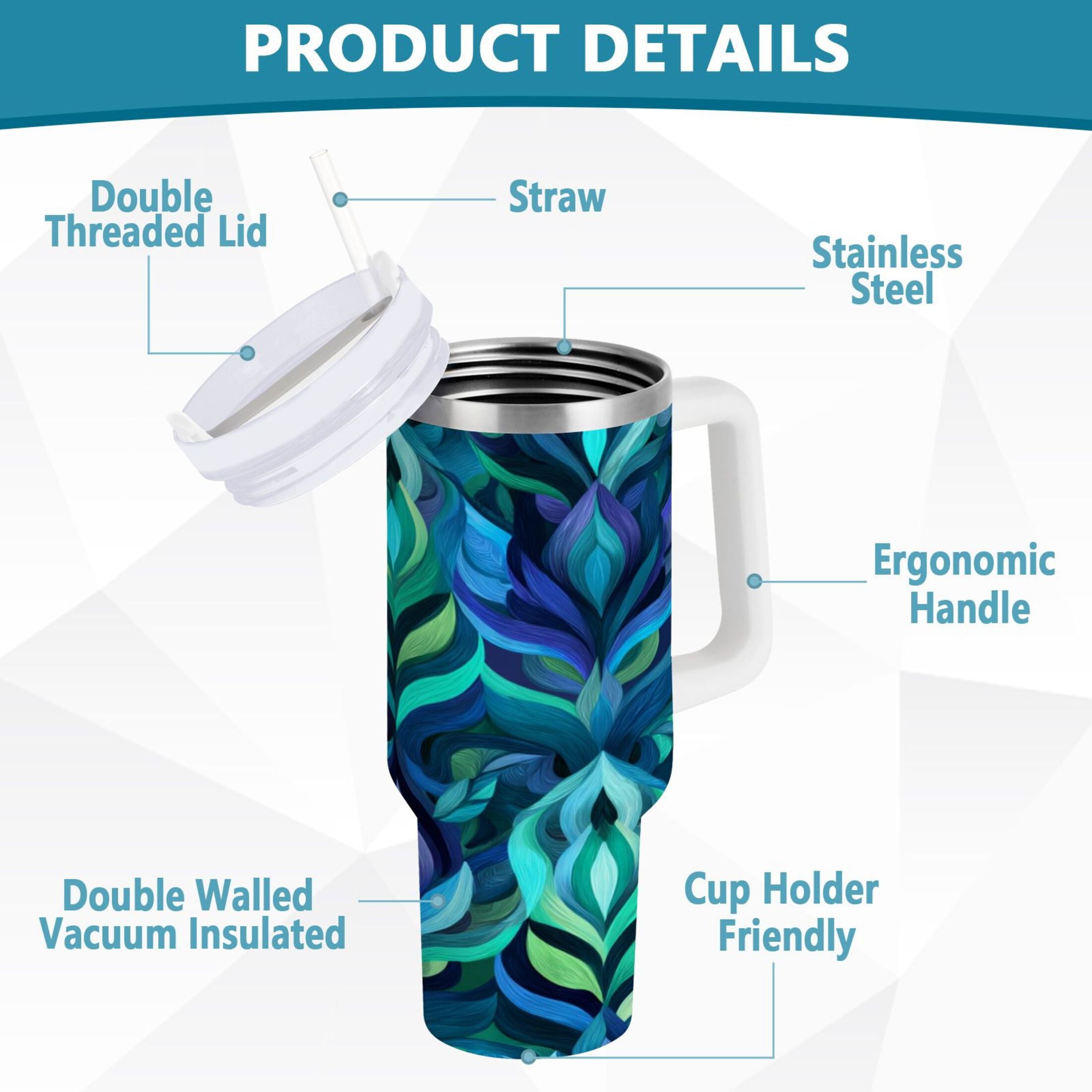 40 oz Insulated Stainless Steel Tumbler Double Wall Stainless Steel Tumbler with 2-Way Drinking Elegant Blue Abstract Shapes - 6YY7