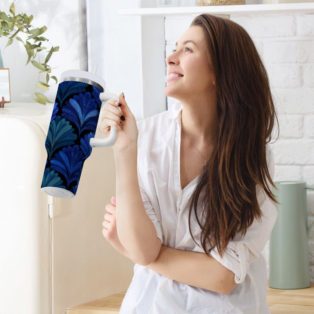 30 oz Insulated Stainless Steel Tumbler Double Wall Stainless Steel Tumbler with 2-Way Drinking Blue Batik Leaves Pattern - UL6C