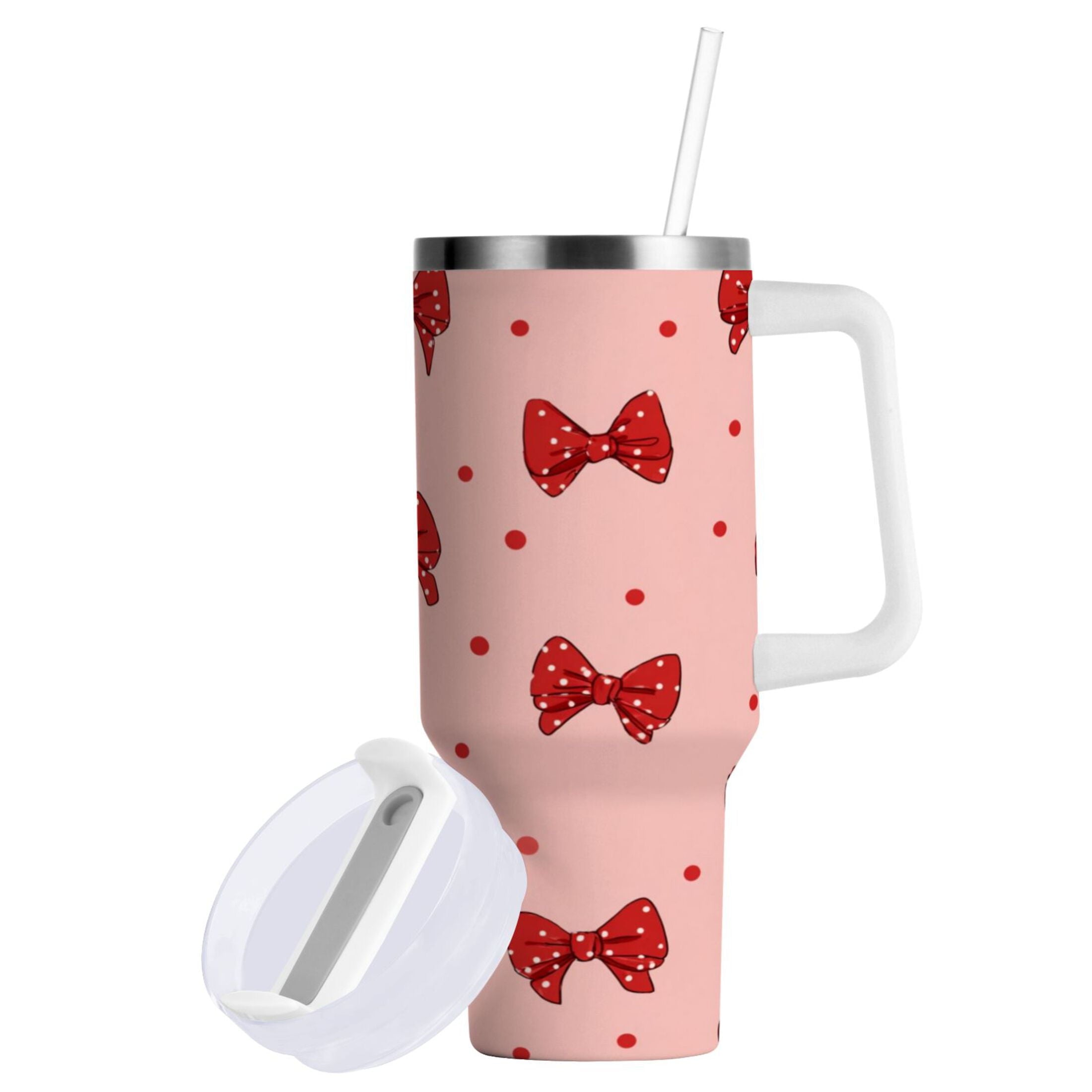 40 oz Insulated Stainless Steel Tumbler Double Wall Stainless Steel Tumbler with 2-Way Drinking Red Bows and Polka Dots - JG7X