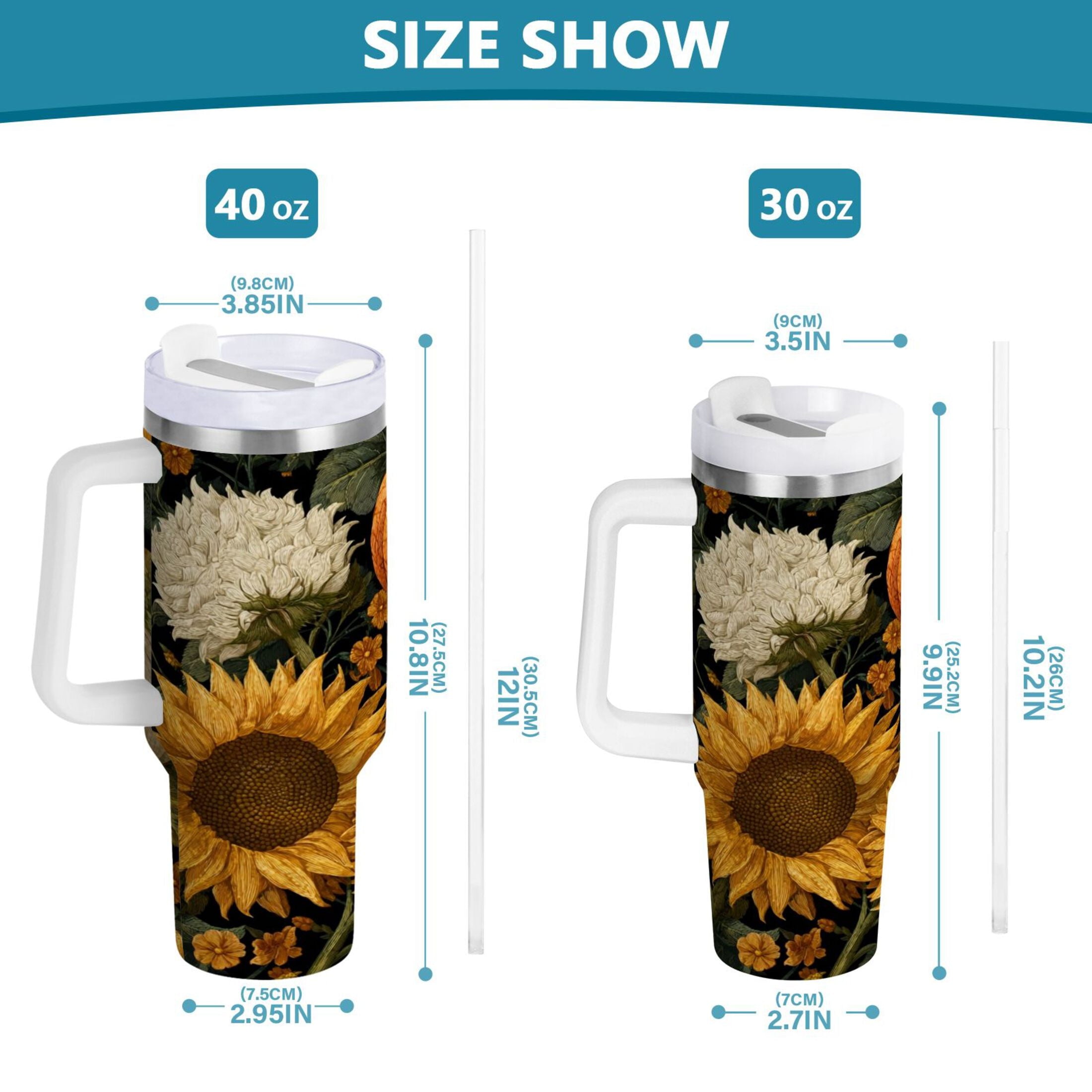 40 oz Insulated Stainless Steel Tumbler Double Wall Stainless Steel Tumbler with 2-Way Drinking Pumpkins and Sunflowers Pattern - YTXK