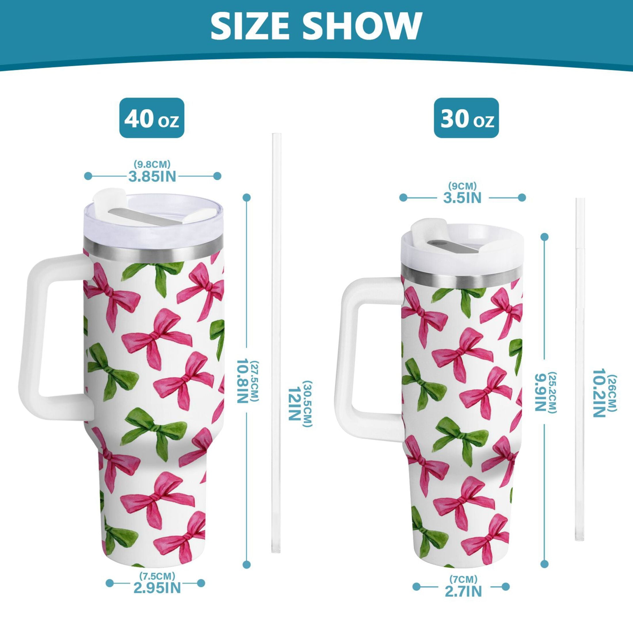 30 oz Insulated Stainless Steel Tumbler Double Wall Stainless Steel Tumbler with 2-Way Drinking Pink Bows and Green Ribbons - SUSJ