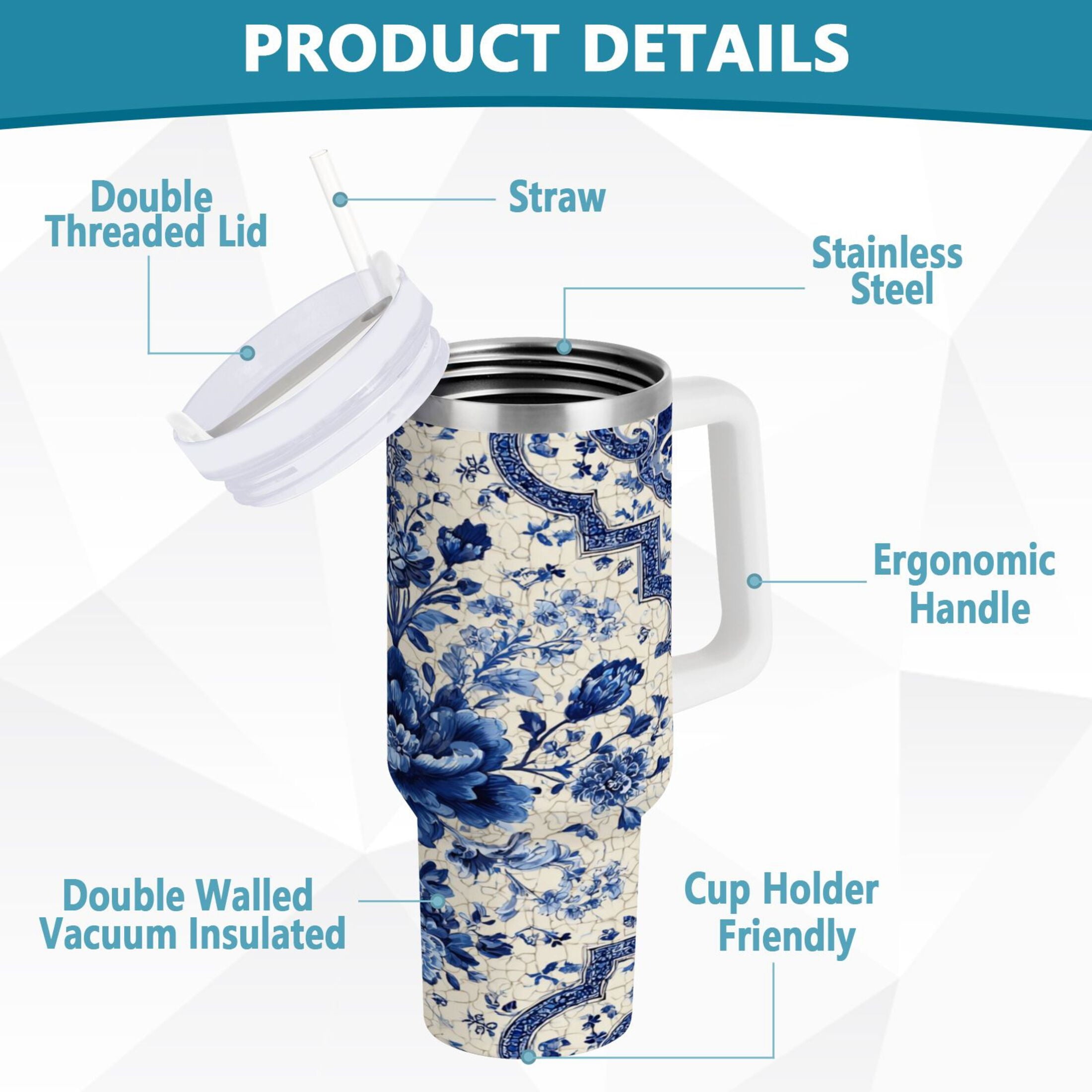 30 oz Insulated Stainless Steel Tumbler Double Wall Stainless Steel Tumbler with 2-Way Drinking Blue and White Porcelain-style - L2FM