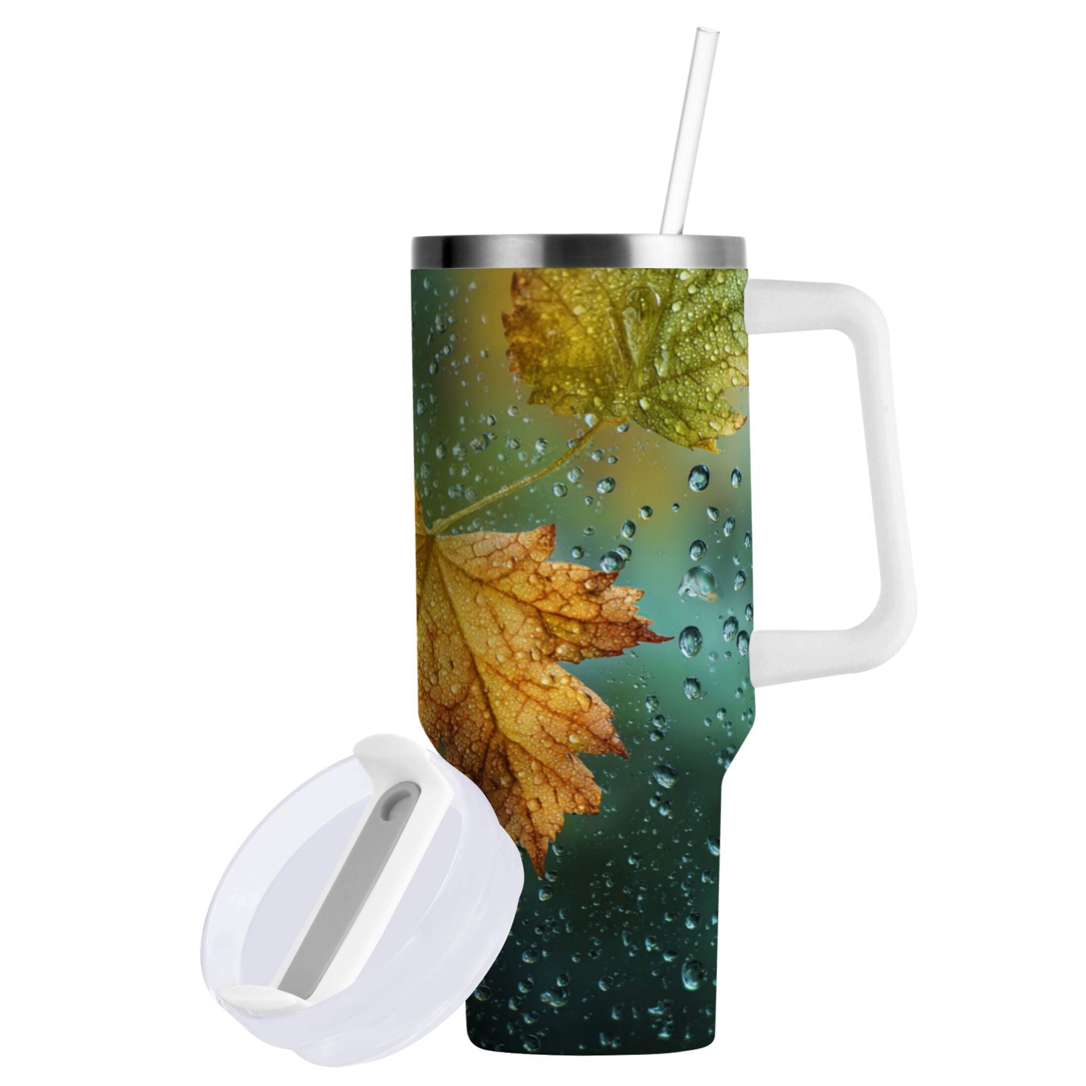 30 oz Insulated Stainless Steel Tumbler Double Wall Stainless Steel Tumbler with 2-Way Drinking Leaves with Water Droplets - AWJL