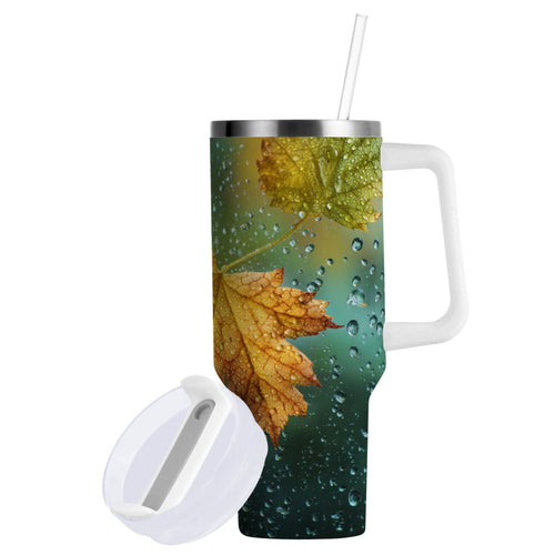 30 oz Insulated Stainless Steel Tumbler Double Wall Stainless Steel Tumbler with 2-Way Drinking Leaves with Water Droplets - AWJL
