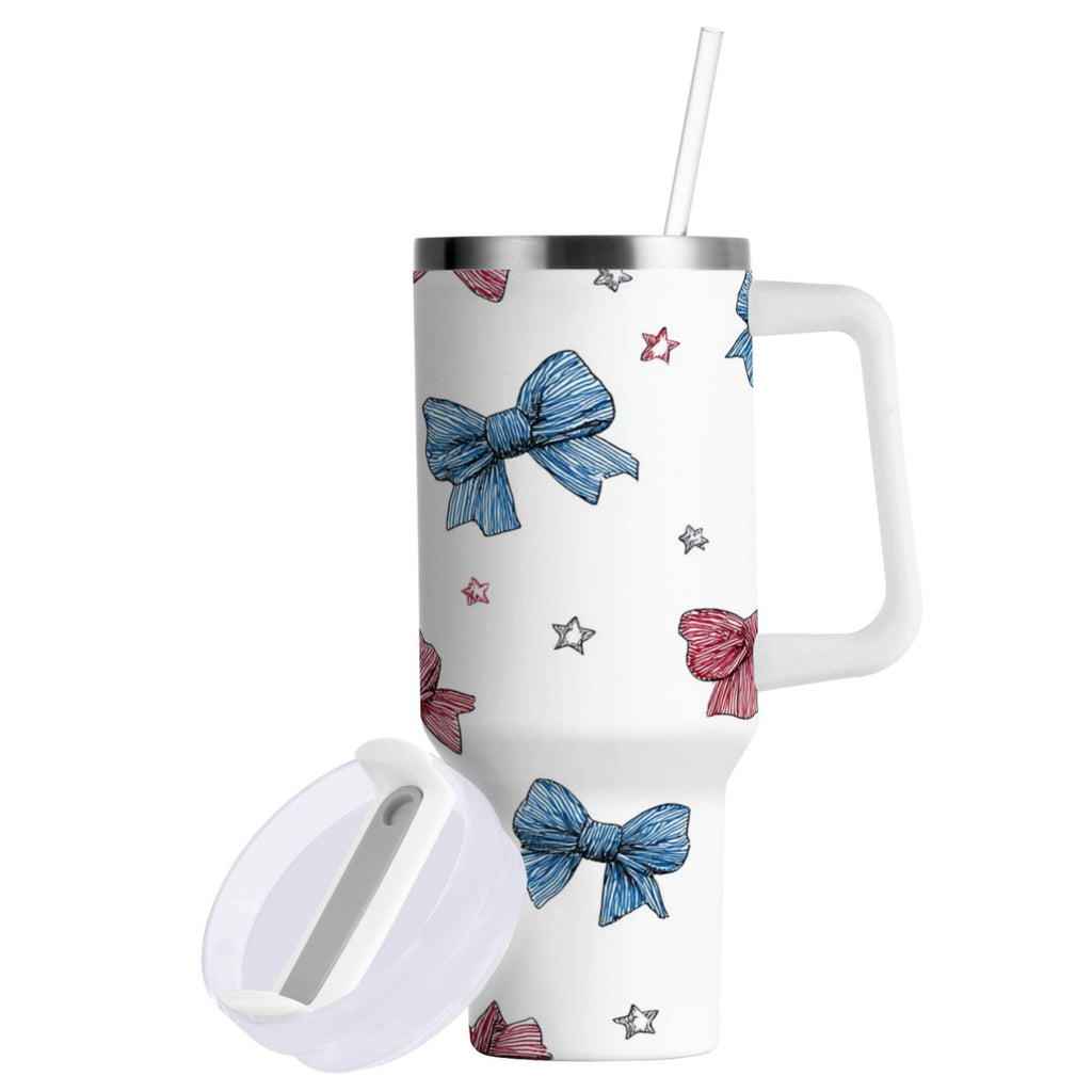 40 oz Insulated Stainless Steel Tumbler Double Wall Stainless Steel Tumbler with 2-Way Drinking Red and Blue Stripes Bows - U6S4