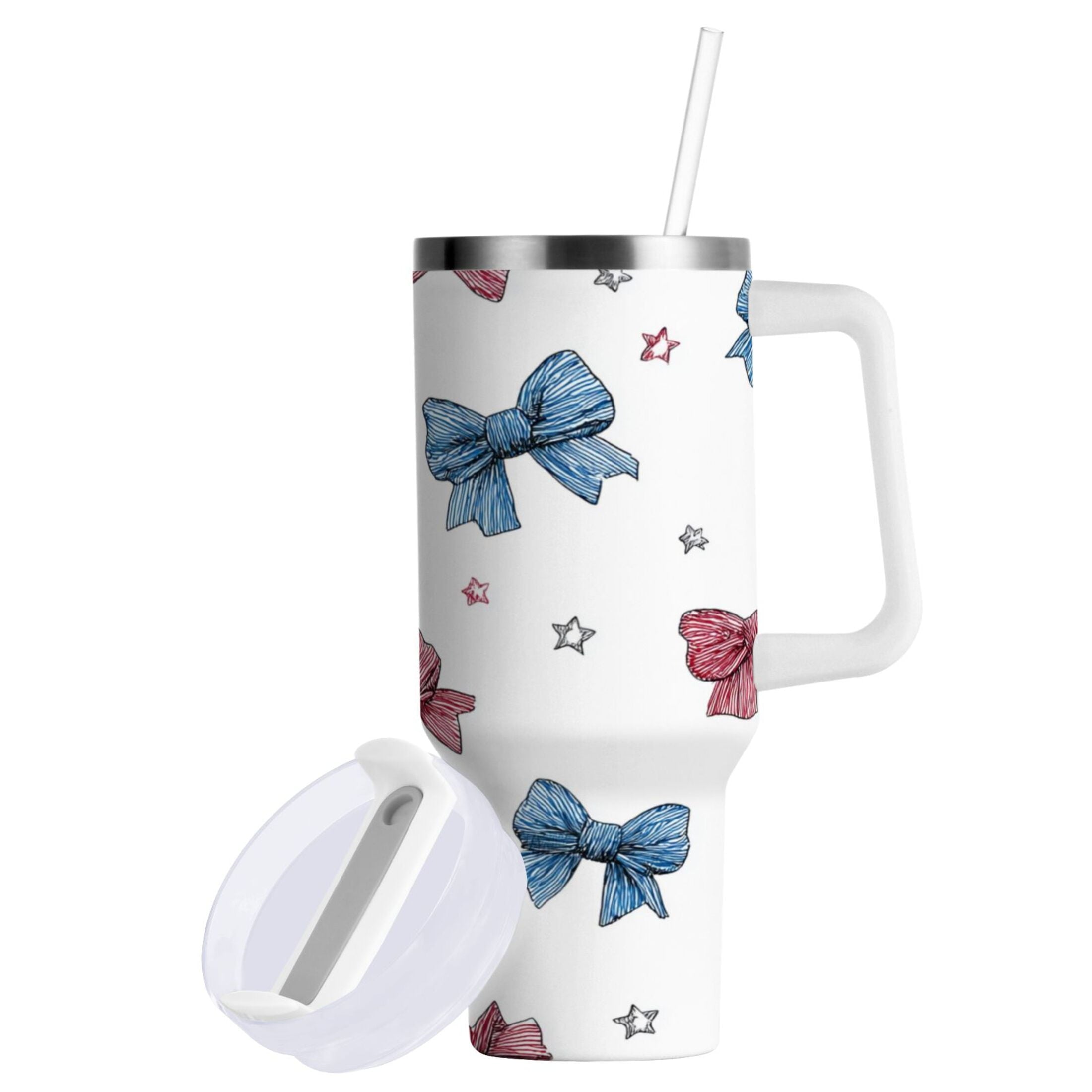 40 oz Insulated Stainless Steel Tumbler Double Wall Stainless Steel Tumbler with 2-Way Drinking Red and Blue Stripes Bows - U6S4