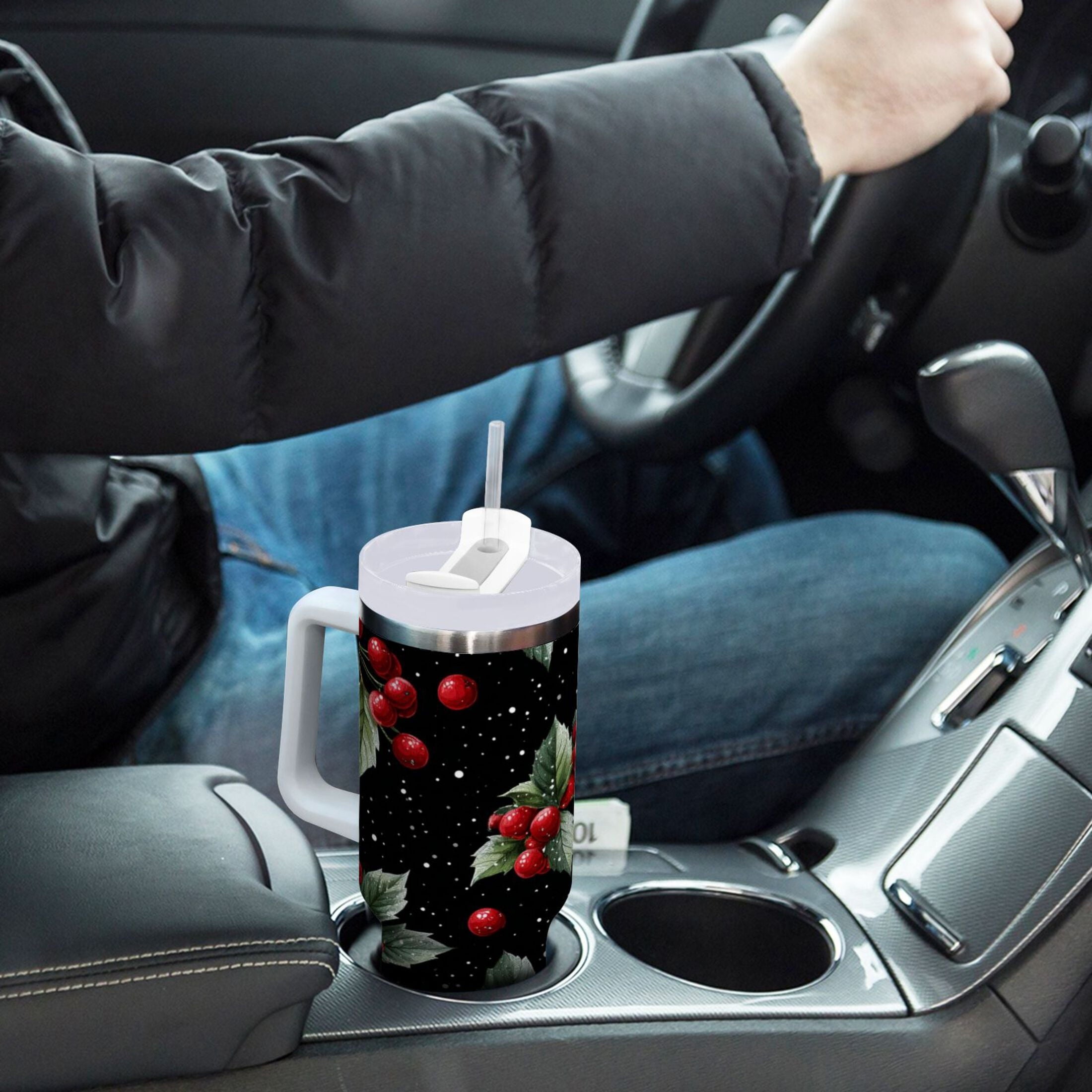 40 oz Insulated Stainless Steel Tumbler Double Wall Stainless Steel Tumbler with 2-Way Drinking Red Holly Berries Pattern - HSVE