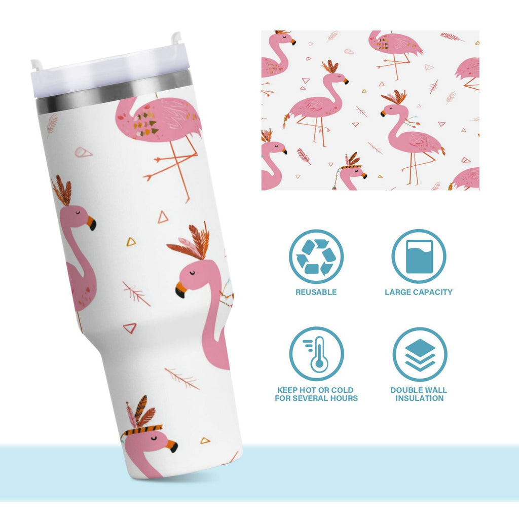 40 oz Insulated Stainless Steel Tumbler Double Wall Stainless Steel Tumbler with 2-Way Drinking Cute Pink Flamingo Pattern - NZTU