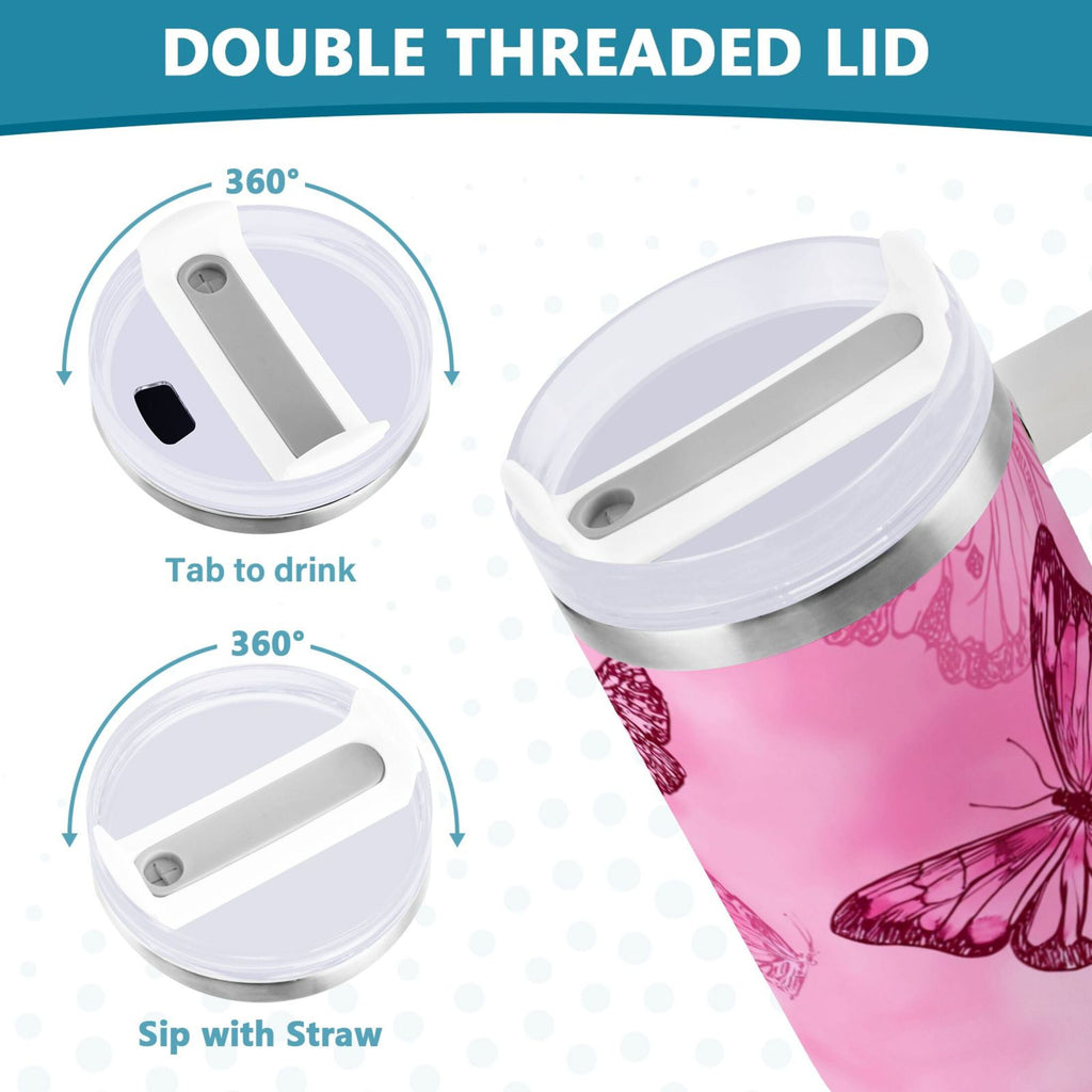 40 oz Insulated Stainless Steel Tumbler Double Wall Stainless Steel Tumbler with 2-Way Drinking Pink Butterfly Pattern - 4WAU