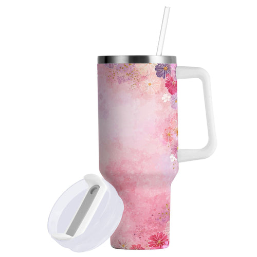 30 oz Insulated Stainless Steel Tumbler Double Wall Stainless Steel Tumbler with 2-Way Drinking Colorful Pastel Floral Pattern - P9LX