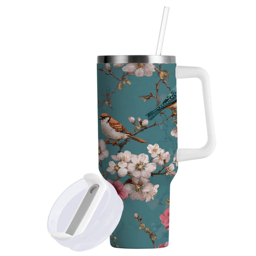 30 oz Insulated Stainless Steel Tumbler Double Wall Stainless Steel Tumbler with 2-Way Drinking Birds and Cherry Pattern - HXWC