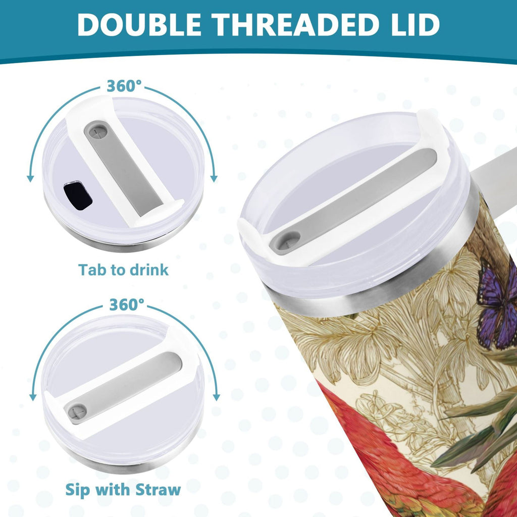 30 oz Insulated Stainless Steel Tumbler Double Wall Stainless Steel Tumbler with 2-Way Drinking Colorful Beautiful Parrots - BFBR