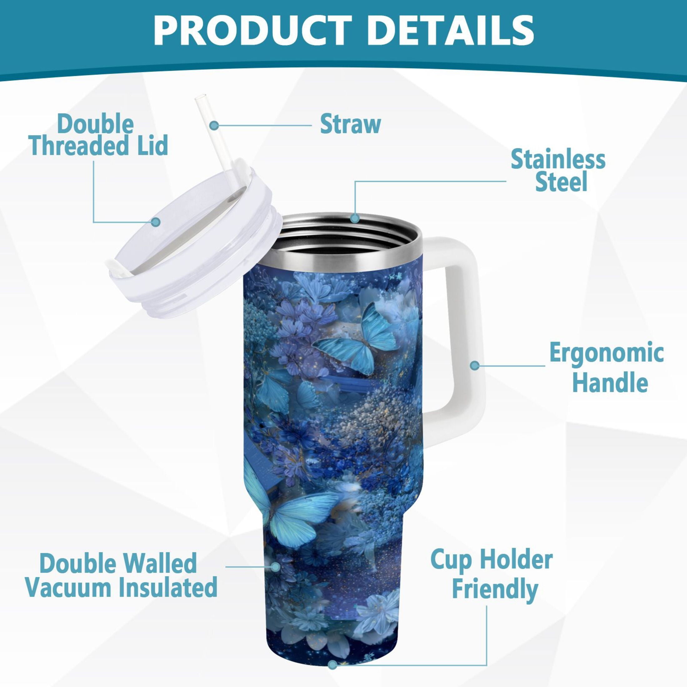30 oz Insulated Stainless Steel Tumbler Double Wall Stainless Steel Tumbler with 2-Way Drinking Butterflies Books and Flowers - K7D9