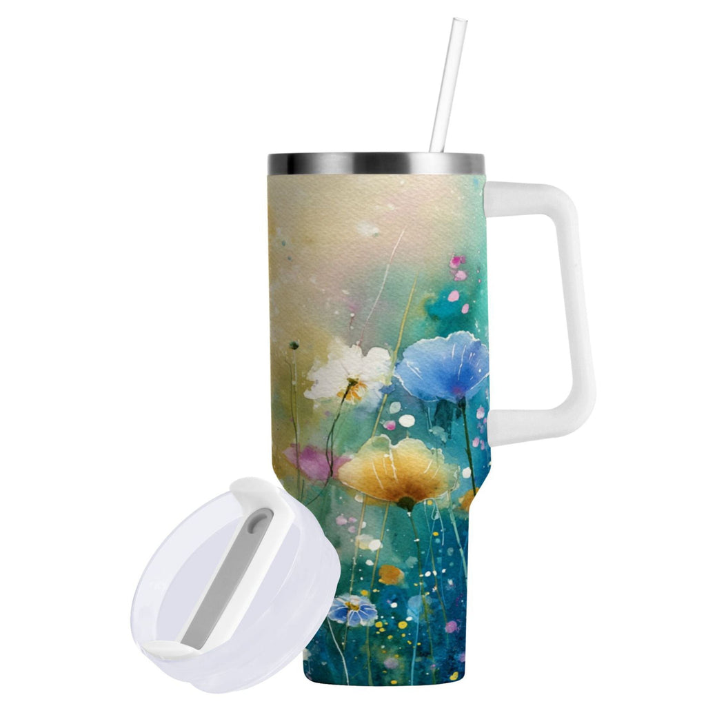 30 oz Insulated Stainless Steel Tumbler Double Wall Stainless Steel Tumbler with 2-Way Drinking Watercolor Wildflowers - X4M2