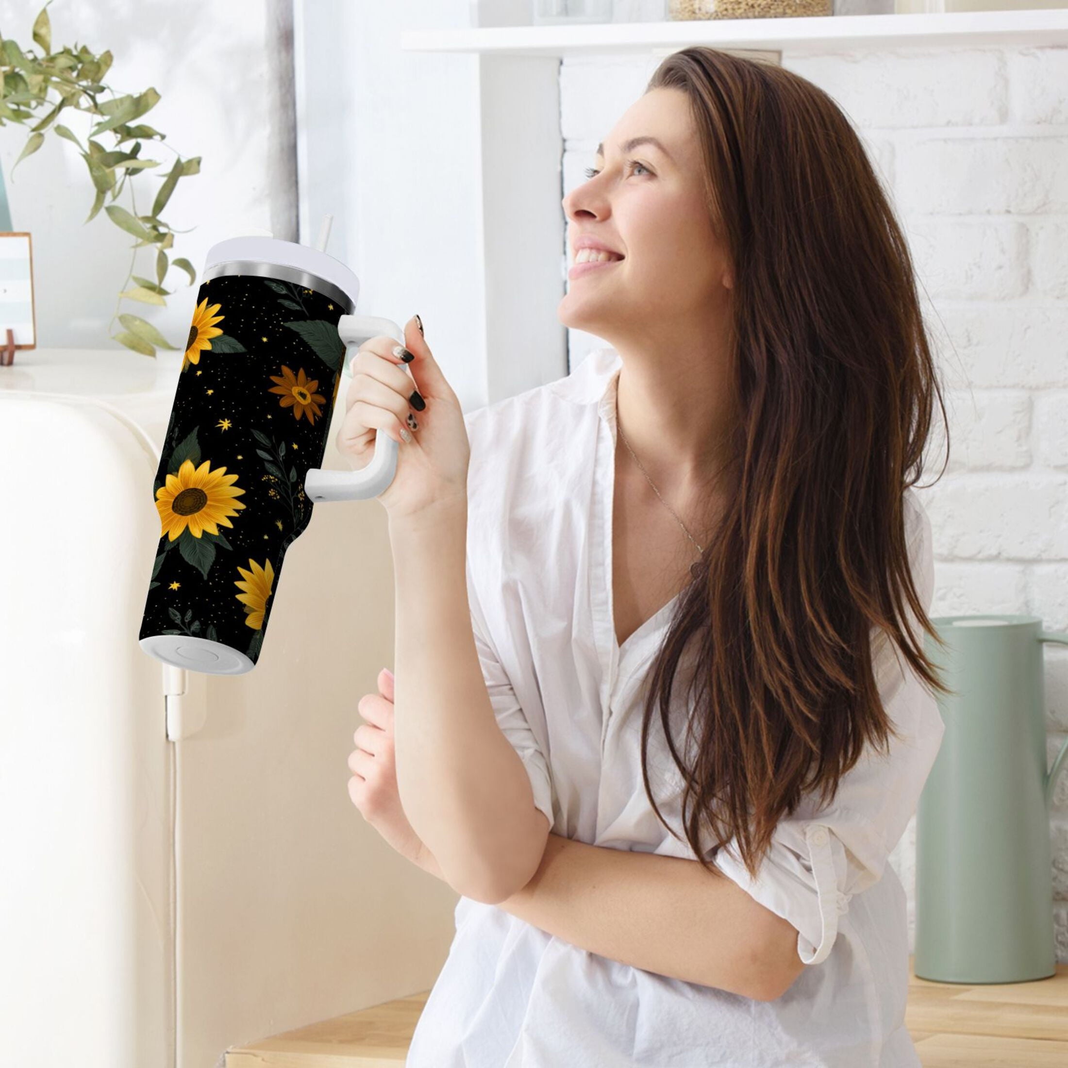 30 oz Insulated Stainless Steel Tumbler Double Wall Stainless Steel Tumbler with 2-Way Drinking Yellow Sunflower Pattern - SSJR