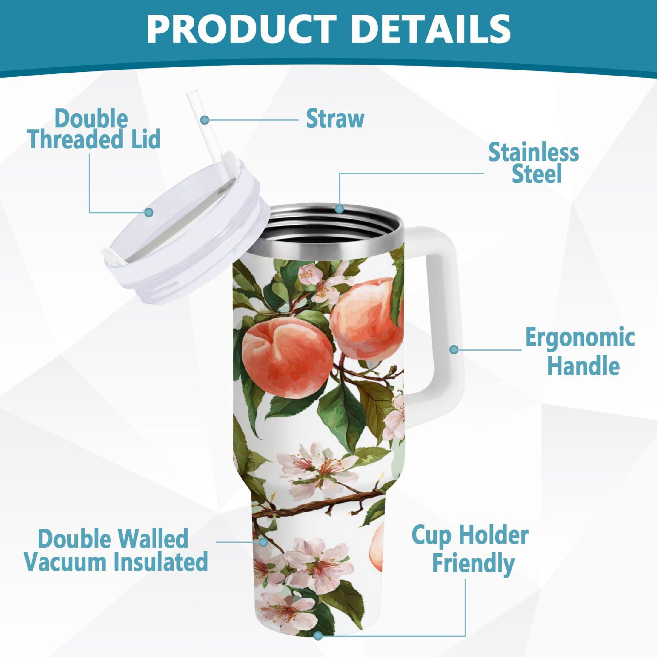 30 oz Insulated Stainless Steel Tumbler Double Wall Stainless Steel Tumbler with 2-Way Drinking Peach Fruit Pattern - YDEP