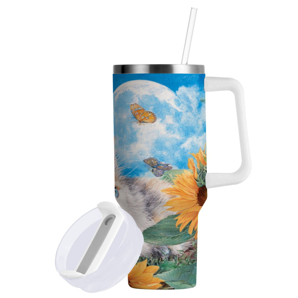 40 oz Insulated Stainless Steel Tumbler Double Wall Stainless Steel Tumbler with 2-Way Drinking Playful Cat Lying Sunflowers - F4JW