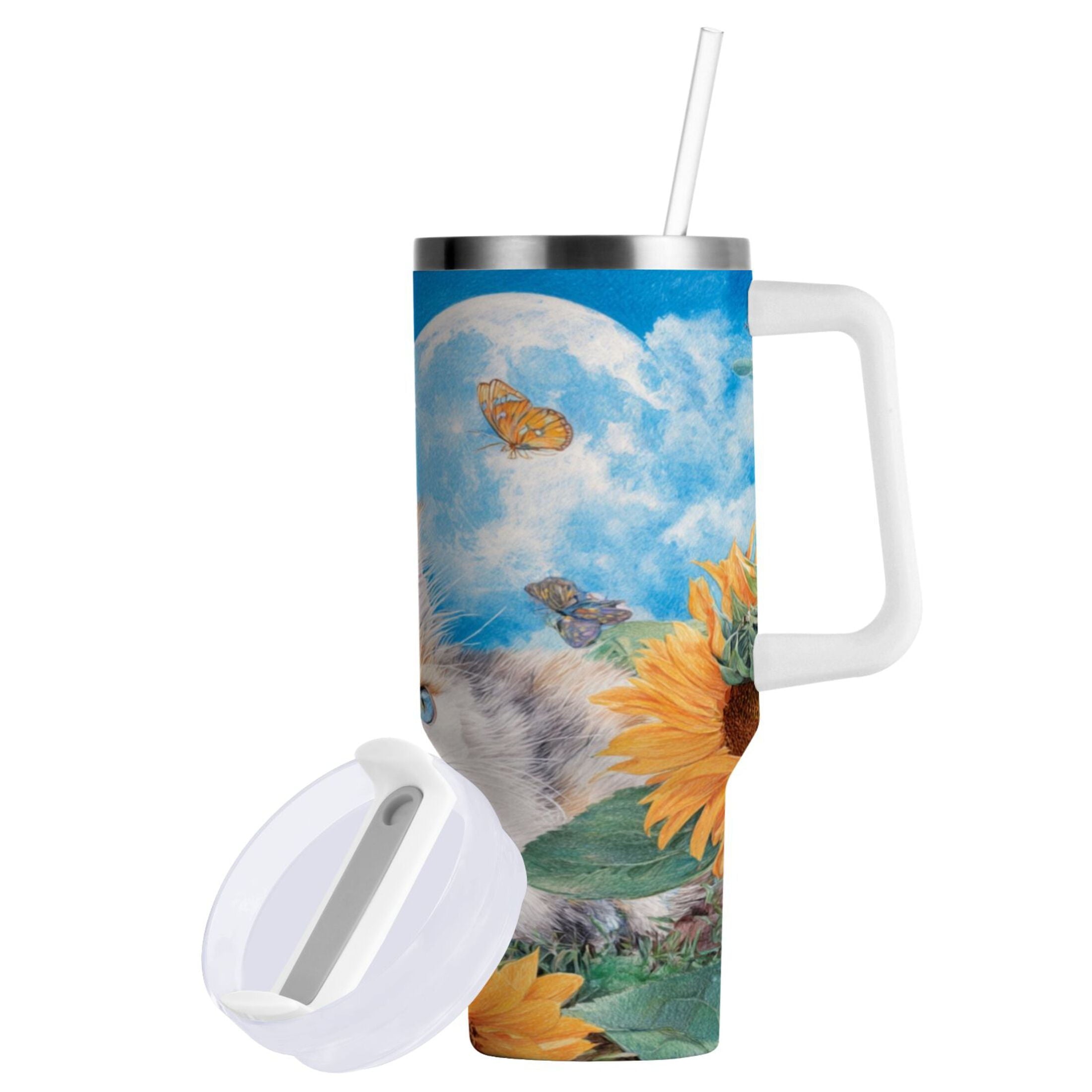 40 oz Insulated Stainless Steel Tumbler Double Wall Stainless Steel Tumbler with 2-Way Drinking Playful Cat Lying Sunflowers - F4JW