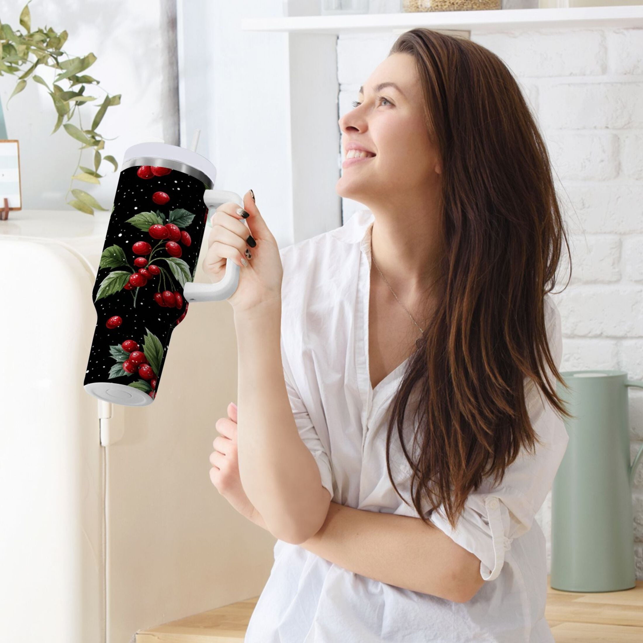40 oz Insulated Stainless Steel Tumbler Double Wall Stainless Steel Tumbler with 2-Way Drinking Red Holly Berries Pattern - HSVE