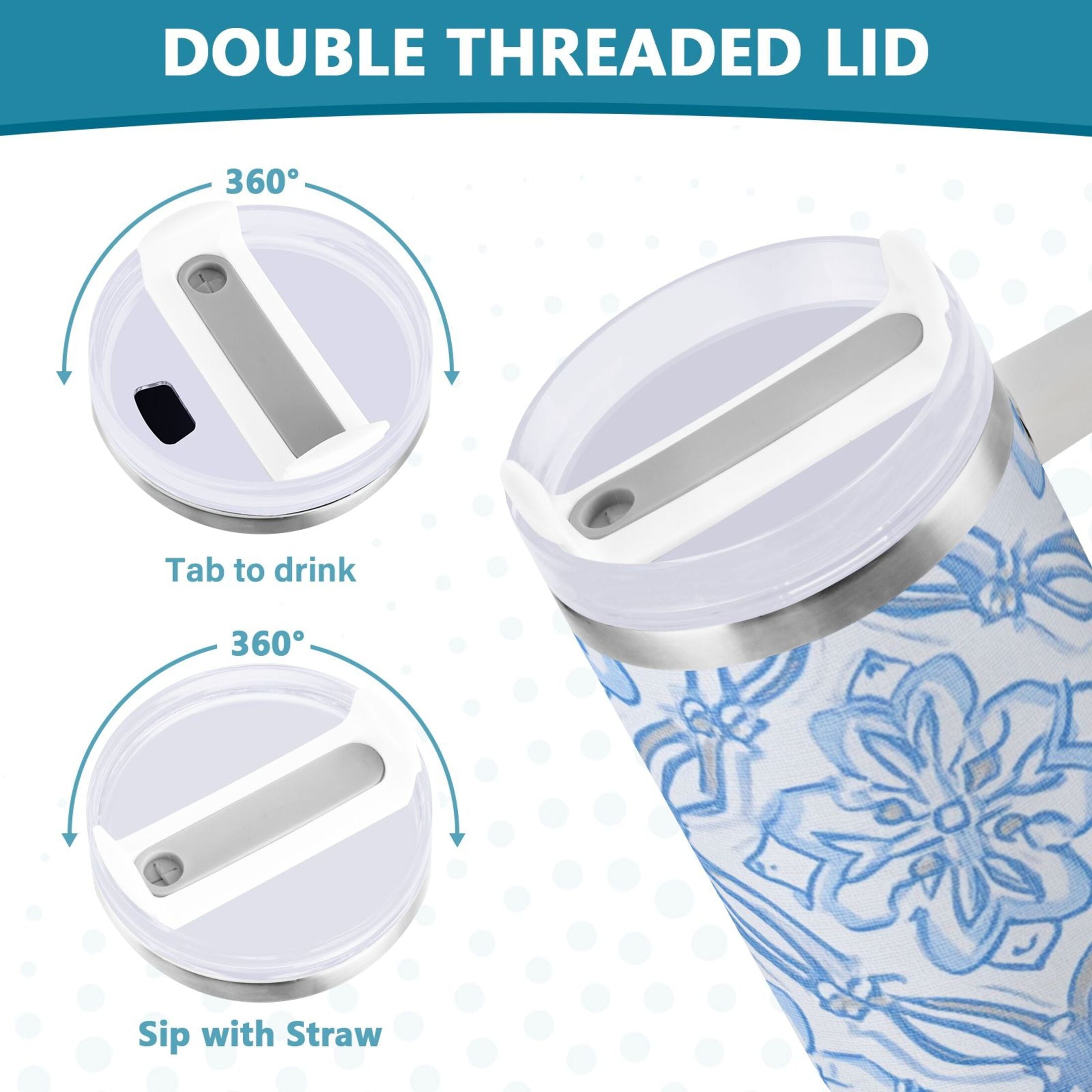 30 oz Insulated Stainless Steel Tumbler Double Wall Stainless Steel Tumbler with 2-Way Drinking Blue Elegant Geometric Design - VATX