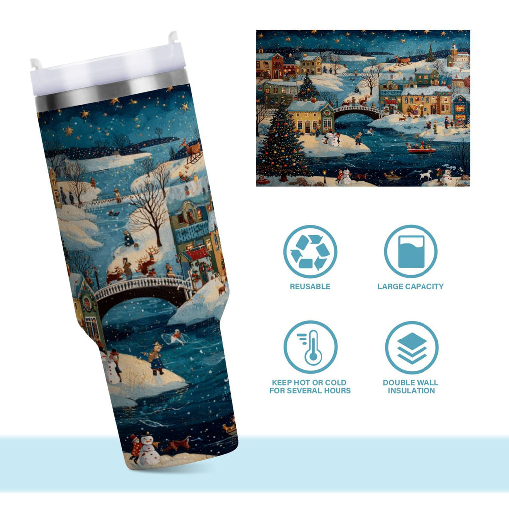 30 oz Insulated Stainless Steel Tumbler Double Wall Stainless Steel Tumbler with 2-Way Drinking Whimsical Christmas Scene - JRE3